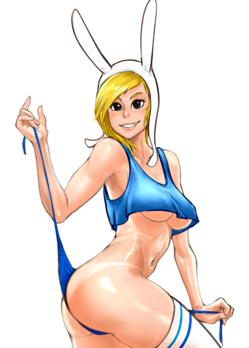 adventure time, ass, blonde hair, blue eyes, breasts, cartoon network, female, fionna the human girl, hood, izra, long hair, navel, smile, solo, standing, stockings, tank top, tanline, thighhighs, underboob