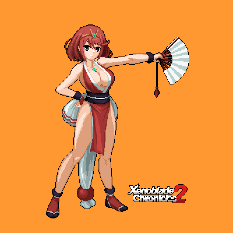 1girls 3reforged arm_guards big_sister bouncing_breasts breasts cosplay fatal_fury female folding_fan hand_fan king_of_fighters large_breasts looking_at_viewer mai_shiranui_(cosplay) milf ninja no_bra no_panties no_underwear nude_underneath onee-chan pelvic_curtain pixel_art pyra revealing_clothes sideboob solo xenoblade_chronicles_(series) xenoblade_chronicles_2