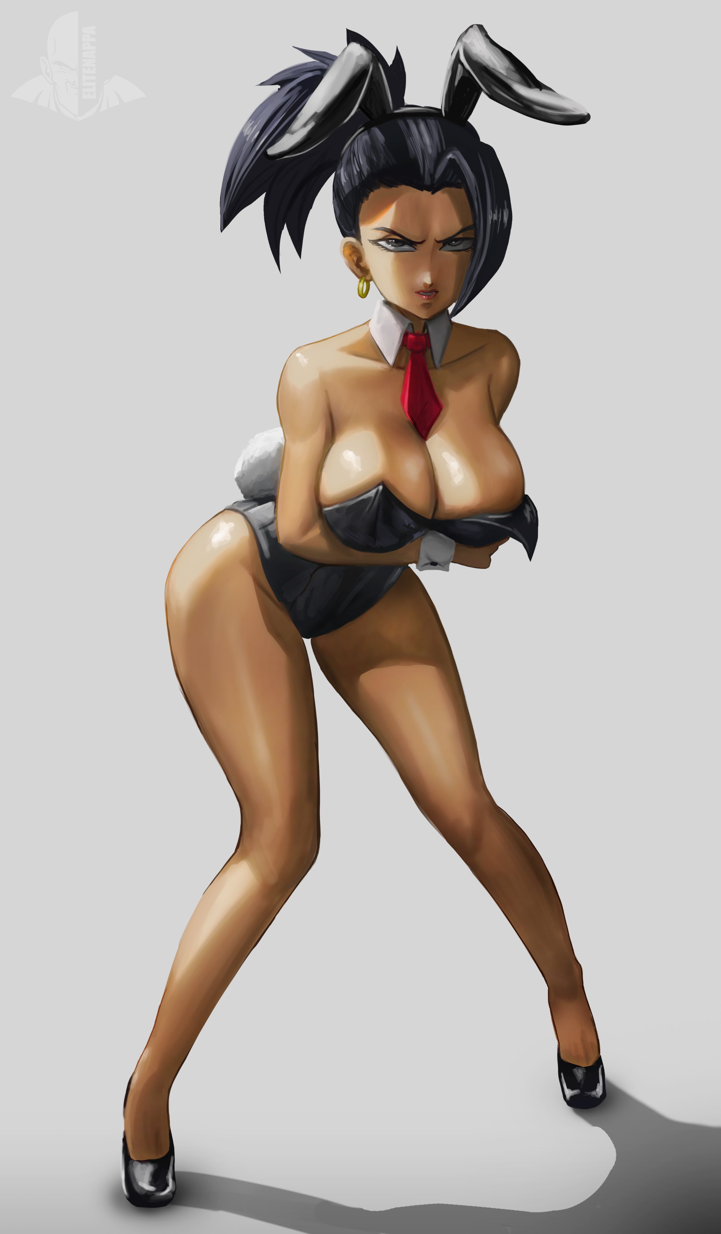 1girls, big breasts, black eyes, black hair, breasts, bunnysuit, dragon ball, dragon ball super, earrings, elitenappa, female, female only, female saiyan, kale, lipstick, solo, universe 6, universe 6/universe 7