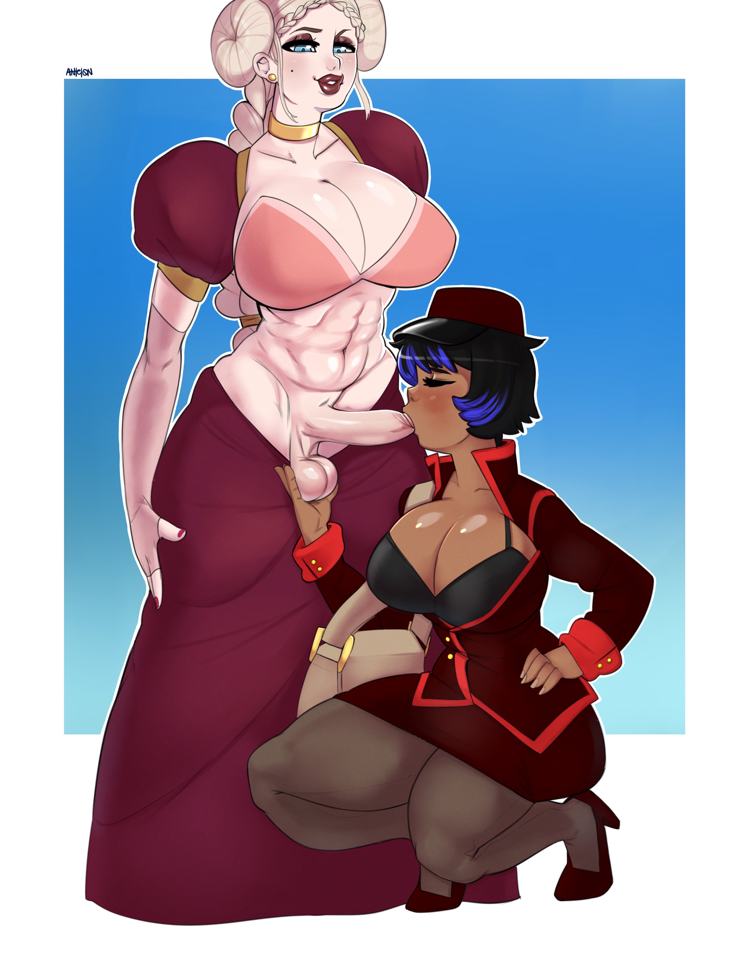 1futa, abs, antelon, bag, balls, big breasts, big penis, black hair, blonde hair, blue hair, bra, braided ponytail, breasts, clothed, clothing, dark skin, dark-skinned female, dickgirl, dress, duo, ear piercing, erection, eyeshadow, fellatio, female, futa on female, futadom, futanari, gloves, hat, high heels, holding balls, human, interracial, intersex, jacket, large breasts, larger futa, light skin, light-skinned futa, lipstick, mole, mostly clothed, multicolored hair, muscular, muscular futa, oral, pale-skinned futa, pantyhose, penis, ponytail, sex, shoes, short, short hair, size difference, skirt, smaller female, squatting