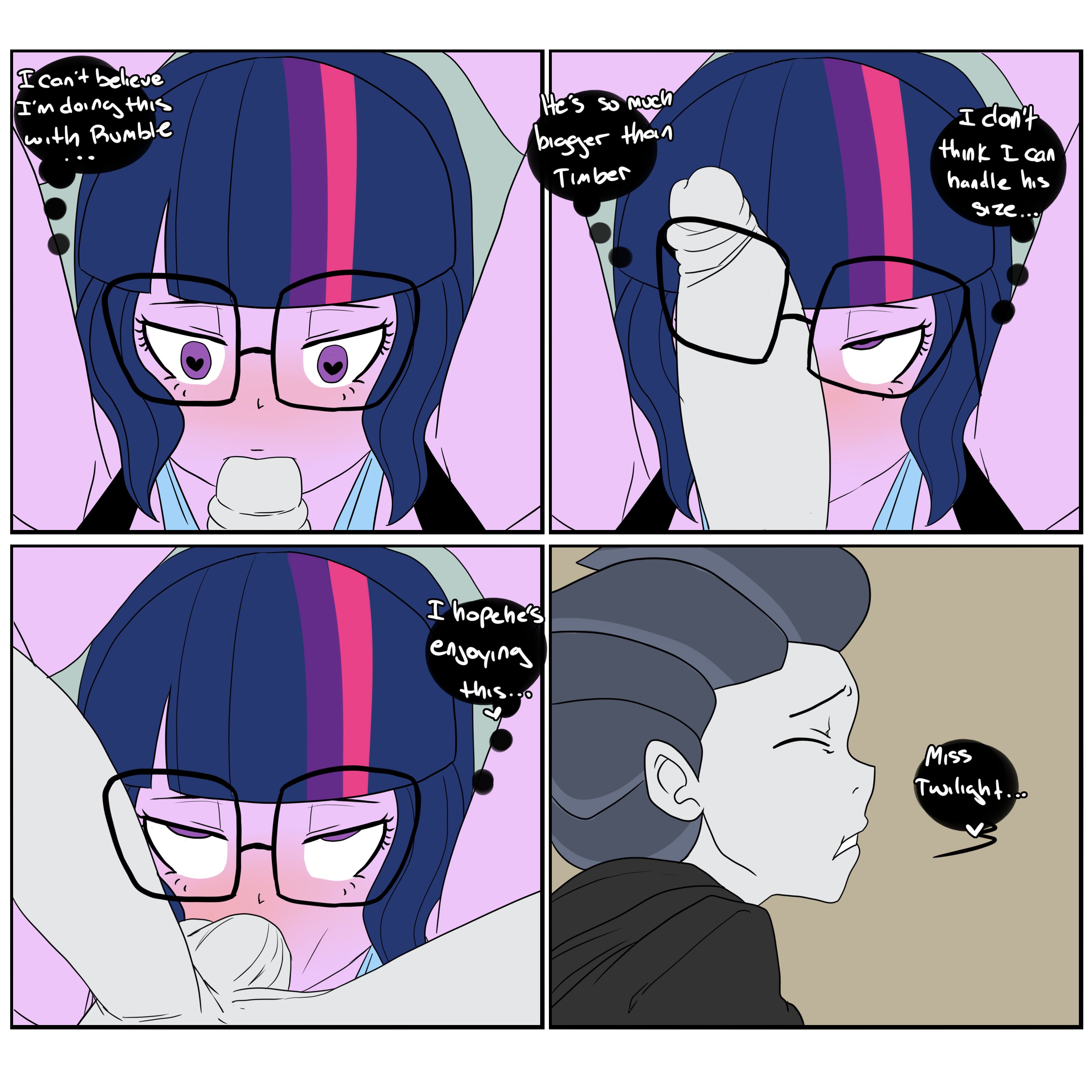 1boy, 1girls, absurd res, balls, balls sucking, blowjob, blush, comic, english text, equestria girls, eye contact, eyes half open, fellatio, female, femsub, friendship is magic, fringe, glasses, hands behind head, hasbro, heart-shaped pupils, hi res, highres, hime cut, imminent deepthroat, inuyuru, male, maledom, my little pony, oral, oral sex, penis, penis on face, petite, pink hair, pleasure face, pov, purple eyes, purple hair, purple skin, rolling eyes, rumble (mlp), sci-twi, seductive eyes, seductive mouth, sex, speech bubble, sucking balls, sucking testicles, sucking tip, testicles, thought bubble, tied hands, twilight sparkle (mlp), two-tone hair