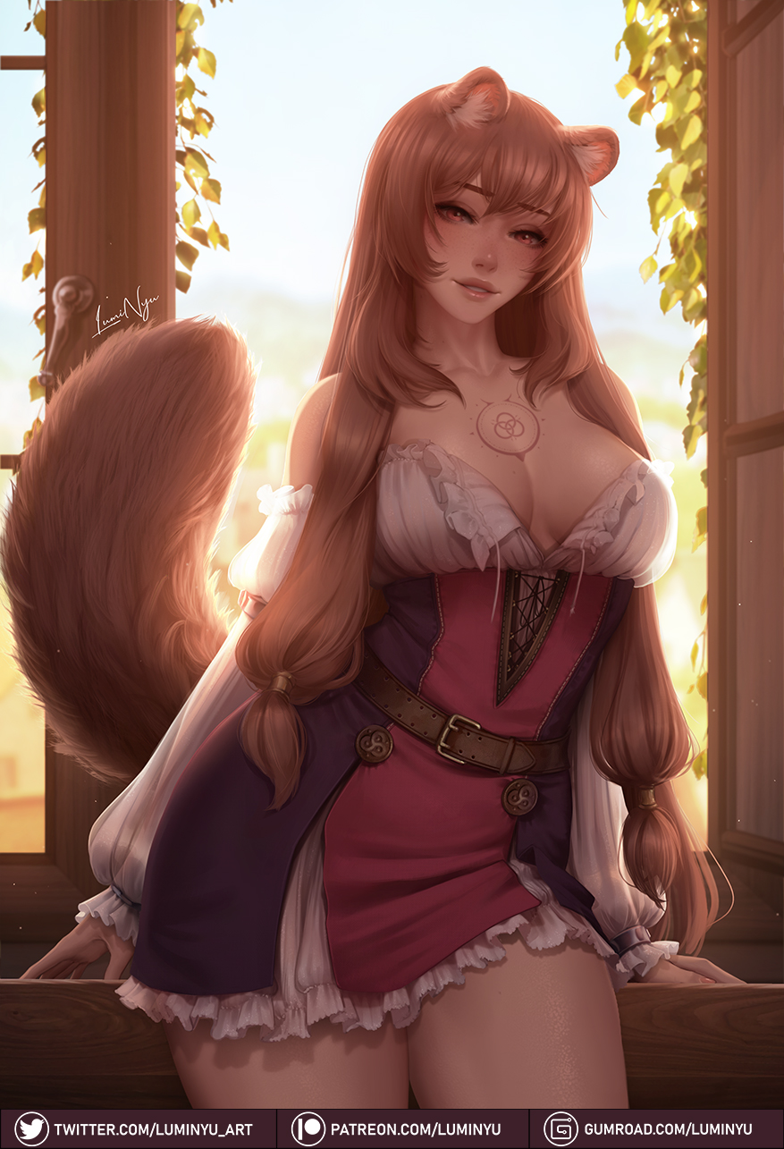 1girls, animal ears, big breasts, breasts, brown eyes, brown hair, cleavage, clothed, clothing, curvaceous, curvy, curvy female, curvy figure, cute, female, female focus, female only, fluffy, fluffy ears, fluffy tail, flustered, long hair, looking at viewer, luminyu, raccoon ears, raccoon girl, raphtalia, solo, solo female, solo focus, tail, tate no yuusha no nariagari, tattoo, thick thighs, thighs, very long hair