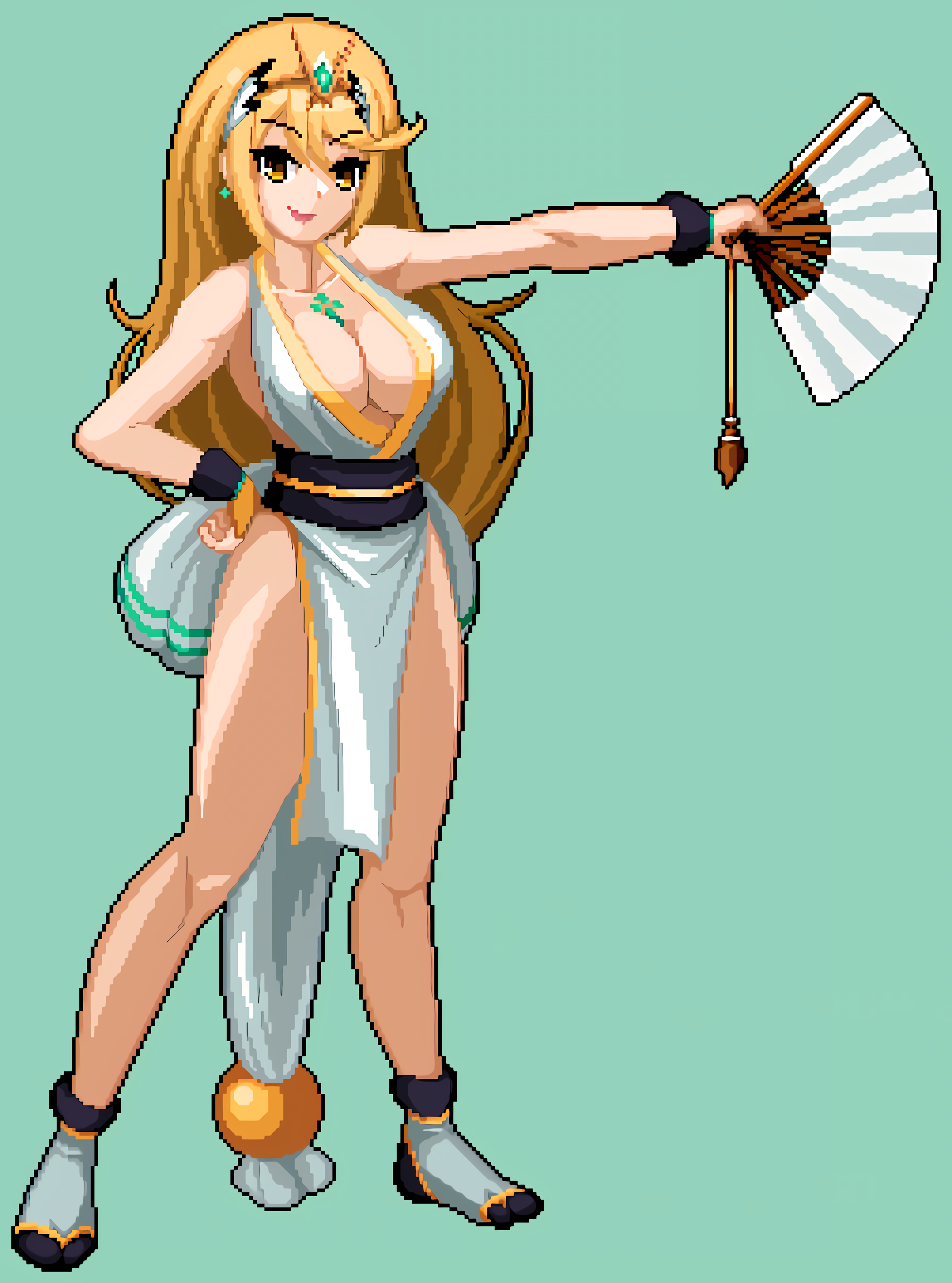 3reforged, arm guards, big sister, blonde hair, bouncing breasts, breasts, cosplay, fatal fury, female, folding fan, hand fan, king of fighters, large breasts, looking at viewer, mai shiranui (cosplay), milf, mythra, ninja, no bra, no panties, no underwear, nude underneath, onee-chan, pelvic curtain, pixel art, revealing clothes, xenoblade chronicles (series), xenoblade chronicles 2