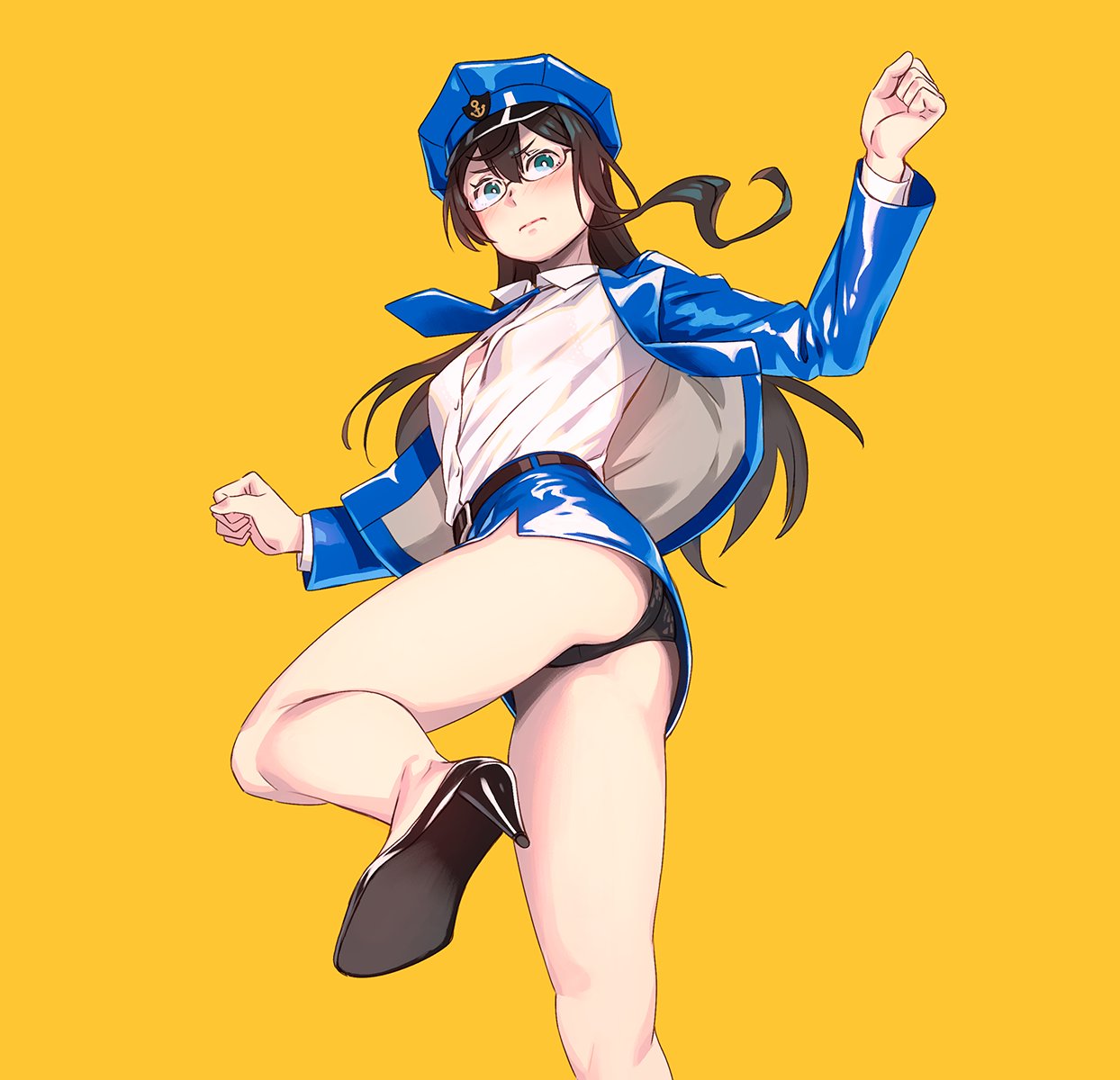 1girls alternate_costume anchor_print ass bangs bare_legs belt black_hair black_panties blue_eyes blue_jacket blue_skirt blush breasts closed_mouth eyebrows_visible_through_hair female female_only from_below glasses hat heels high_heels highres jacket kantai_collection leg_up long_hair long_sleeves looking_at_viewer miniskirt ooyodo_(kantai_collection) panties pantyshot peaked_cap pencil_skirt semi-rimless_eyewear shiny shiny_clothes shirt simple_background skirt small_breasts solo thighs under-rim_eyewear underwear white_shirt yellow_background yuuji_(and)