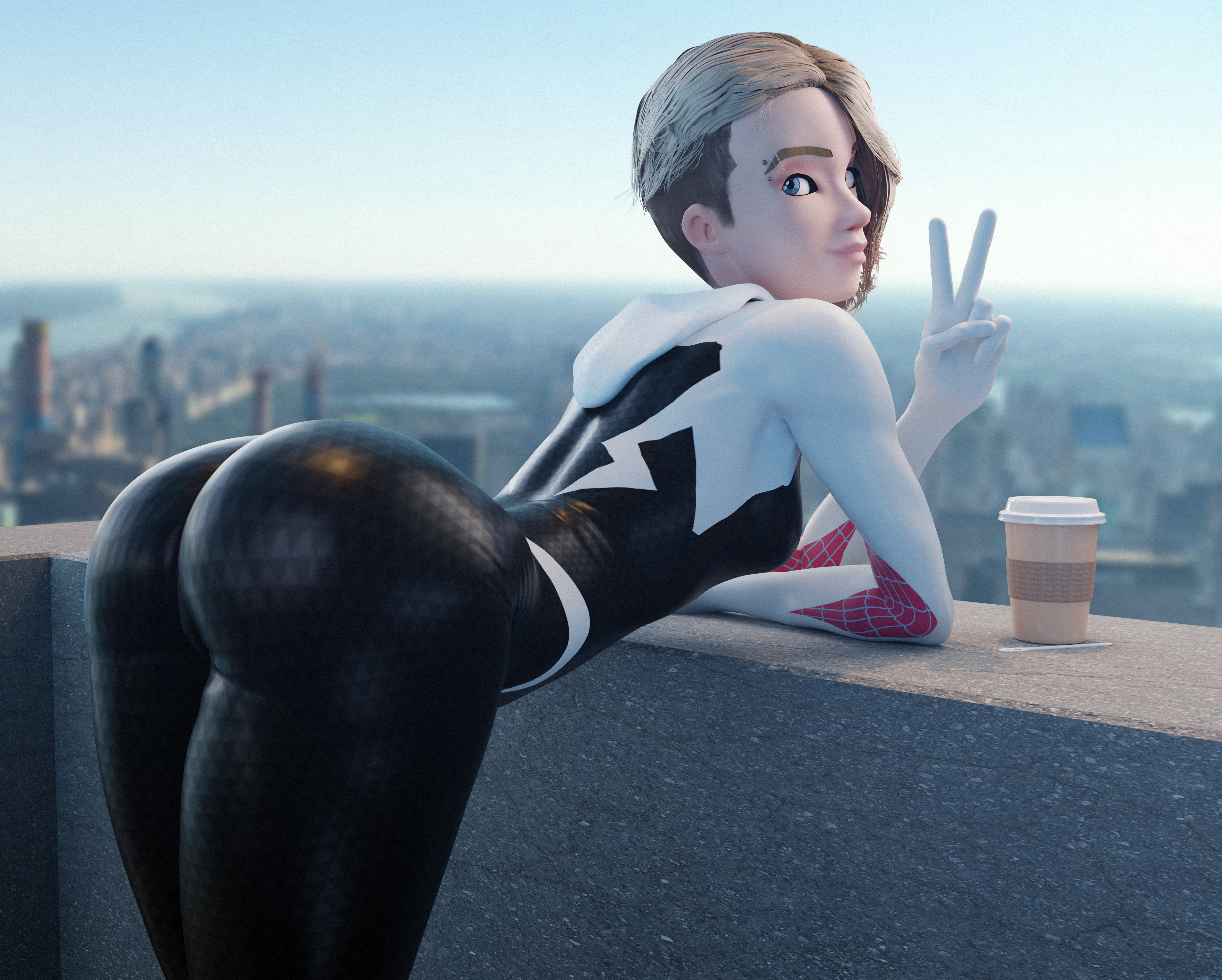 1girls, 3d, 3d (artwork), absurdres, ass, ass focus, batesz, bent over, big ass, blender, blue eyes, bodysuit, eyebrow piercing, female, female only, gwen stacy, highres, marvel, marvel comics, peace sign, solo, spider-gwen, spider-man (series), spider-man: into the spider-verse, tight clothing