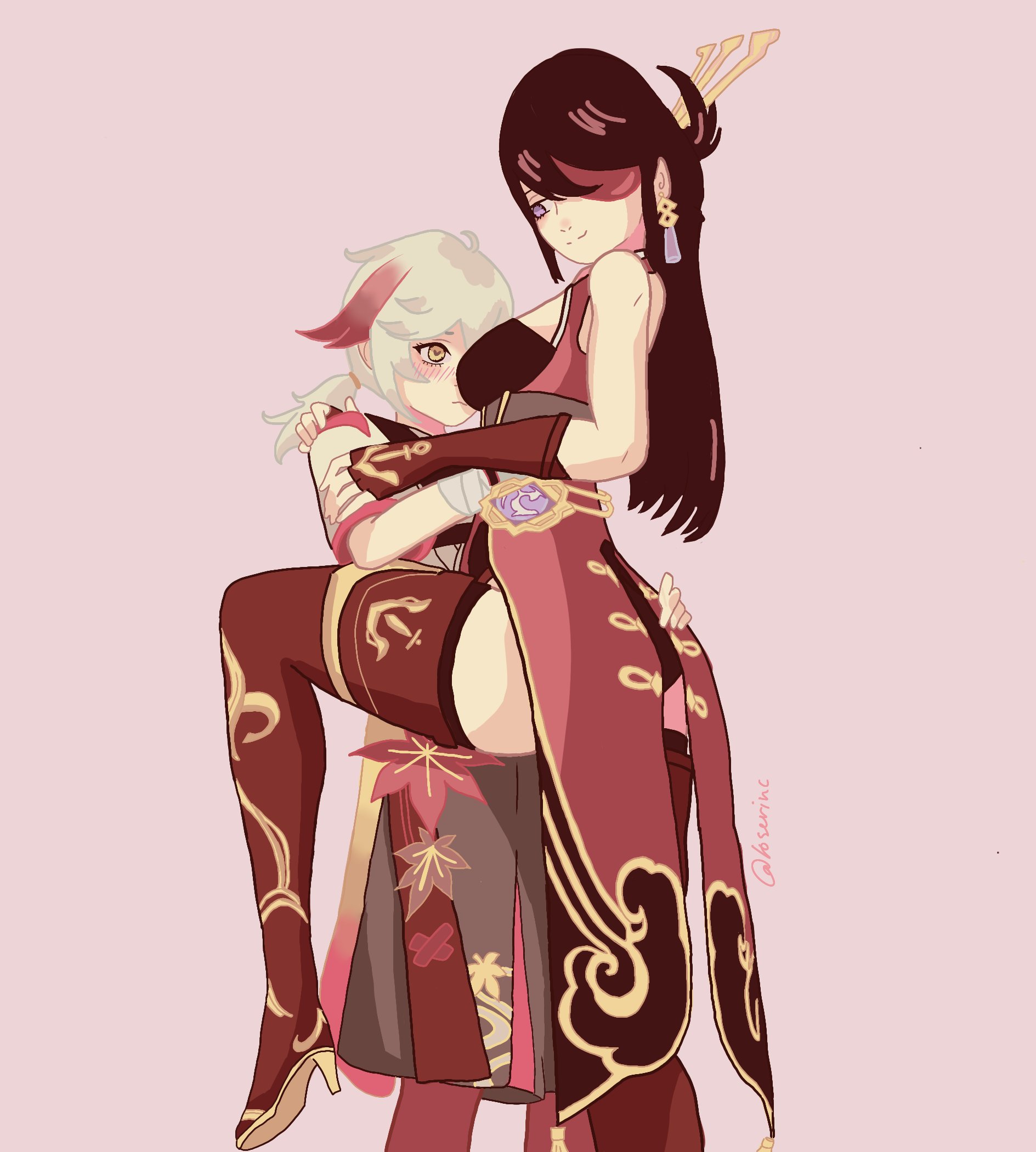 artist request, beidou (genshin impact), beikazu, chinese clothes, clothed, eyepatch, female, femdom, genshin impact, high heel boots, high heels, japanese clothes, kaedehara kazuha, tagme, wide eyed