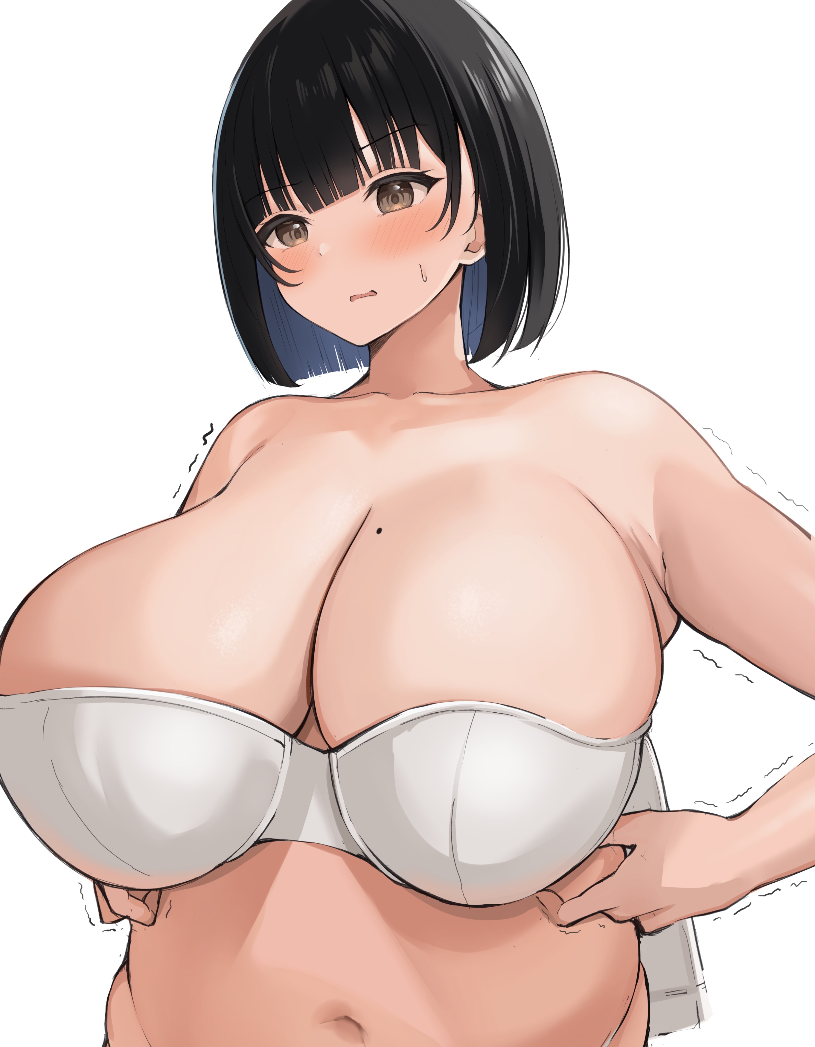 absurdres, belly, black hair, bra, breasts, brown eyes, eyebrows visible through hair, fat, female, highres, huge breasts, looking down, medium hair, milf, mole, mole on breast, navel, neneneji, open mouth, original, plump, simple background, solo, trembling, underwear, white background, white bra