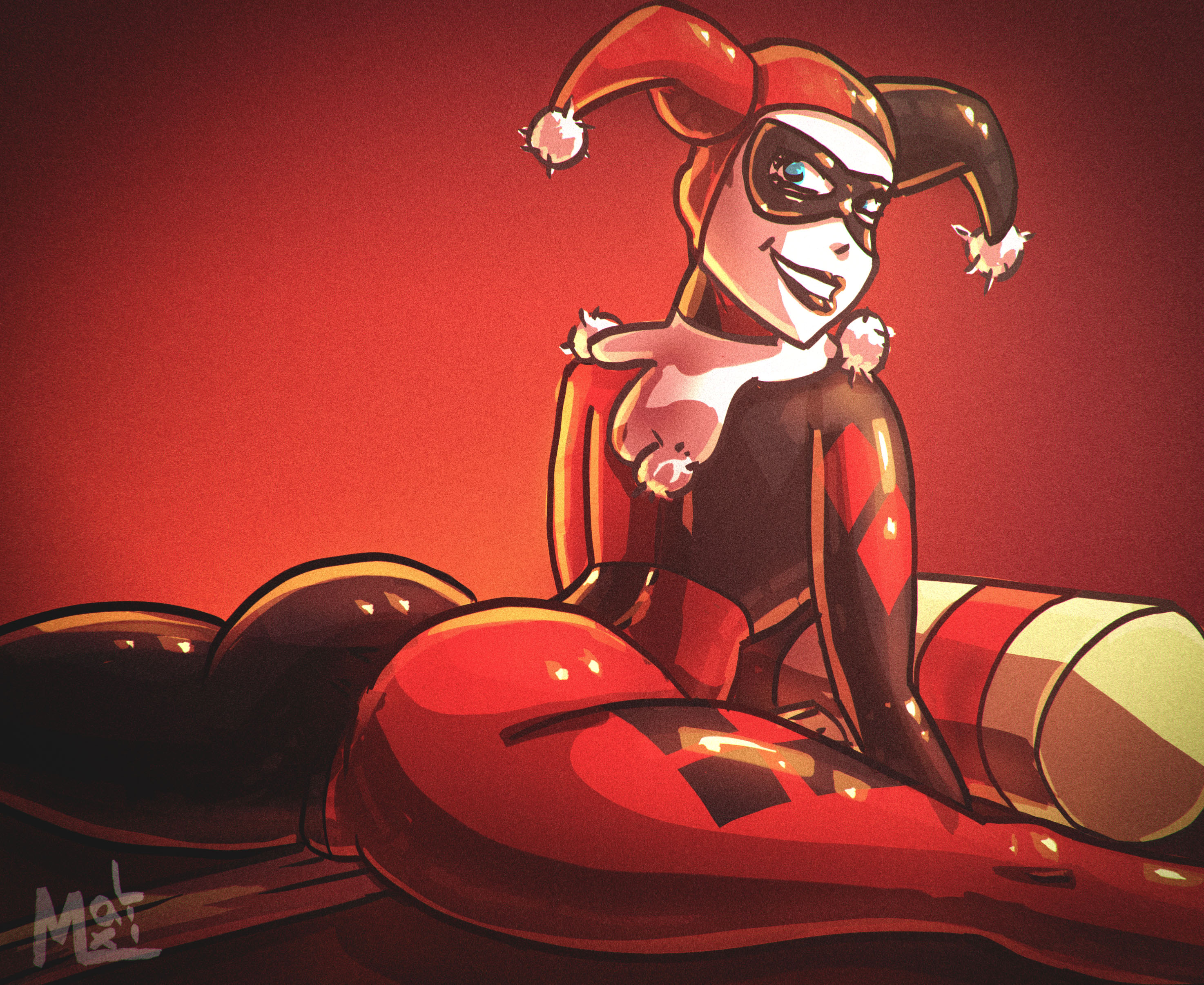 1girls, alternate version available, ass, ass focus, batman (series), bodysuit, bubble butt, butt focus, cameltoe, dc, dc comics, female, female only, hammer, harley quinn, harley quinn (classic), latex, latex bodysuit, leg spread, looking back, mallet, masked, maximaldraws, pussy, rear view, round ass, round butt, solo, split, spread legs