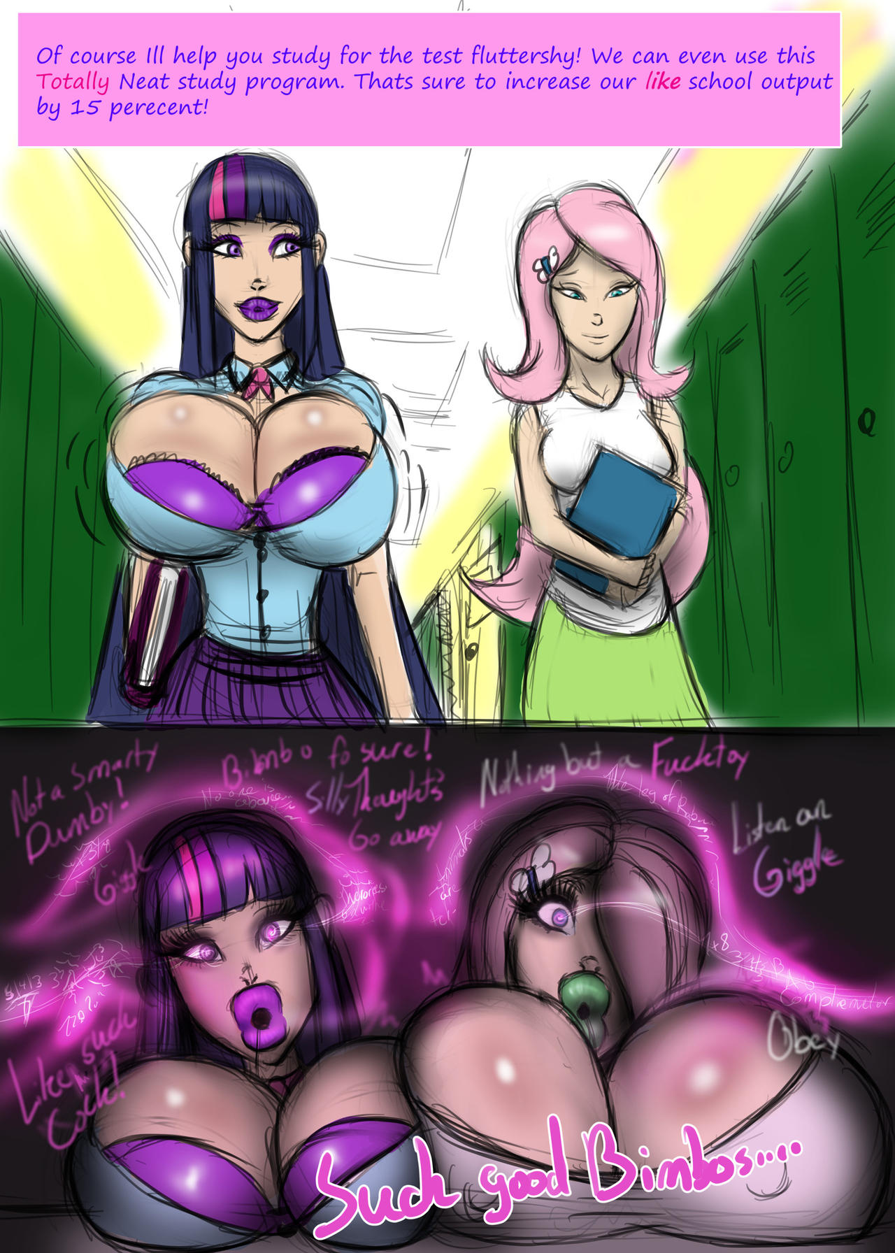 2girls big_breasts big_lips bimbo bimbofication bradtanker3 brain_drain brain_pop english_text female female_only fluttershy_(mlp) huge_breasts huge_lips hyper_bimbo hypnosis lipstick my_little_pony straight_hair tagme text twilight_sparkle_(mlp)