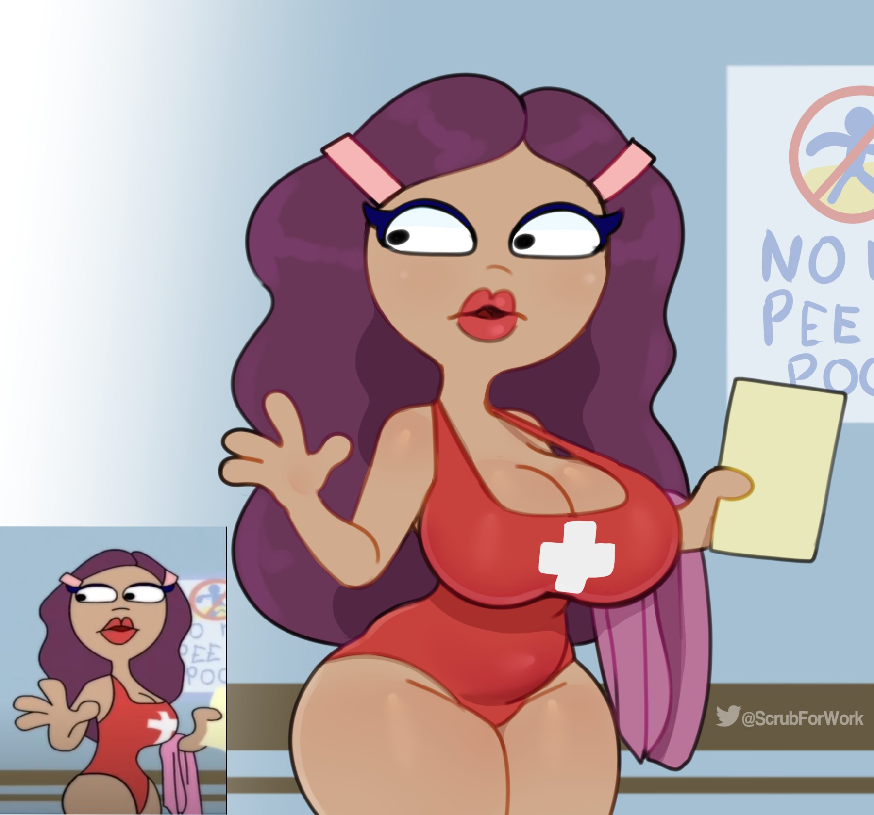 1girls, adult swim, background character, cartoon network, character name, dark skin, female, highleg swimsuit, home movies, lifeguard, long hair, one-piece swimsuit, purple hair, redraw, somescrub, swimsuit, thick thighs