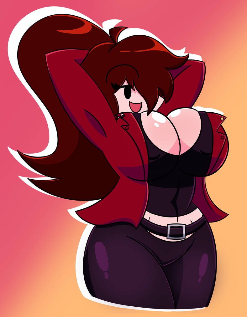 ass, big ass, big breasts, breasts, brown hair, clothed, female, female only, friday night funkin, girlfriend (friday night funkin), minusbrush, smile, trepidation gf (friday night funkin)