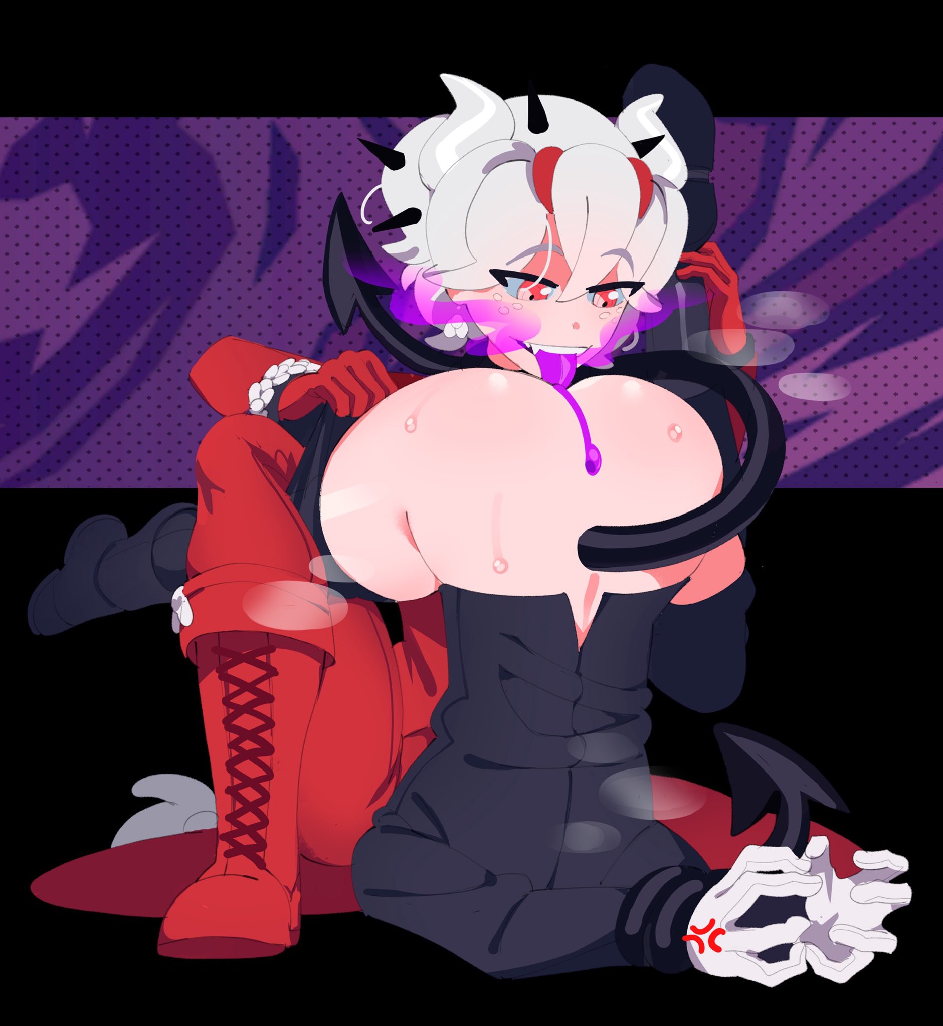 2girls, ass, beelzebub (helltaker), big ass, big butt, boots, bottomless, demon, demon girl, demon tail, facesitting, female, female only, gloves, helltaker, horns, lucifer (helltaker), mawiedz, multiple females, multiple girls, oral, red eyes, sitting on face, tail, white hair, yuri