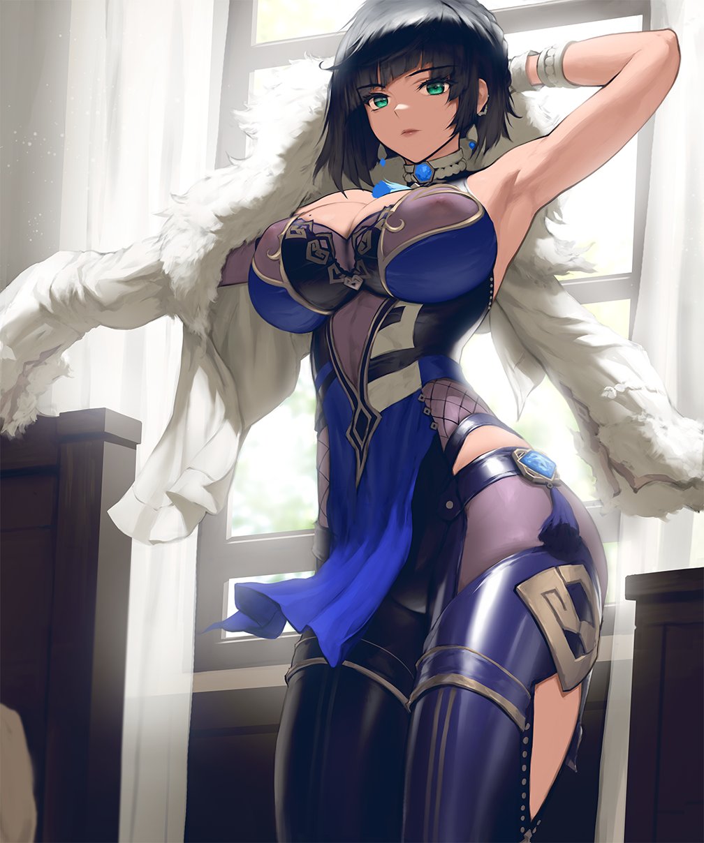 1girls, arm up, armpits, big breasts, breasts, curvy, earrings, female, female only, genshin impact, green eyes, hand behind head, indoors, infi mt, jacket, large breasts, mole, mole on breast, short hair, solo, solo female, thick, thick thighs, tight clothing, voluptuous, window, yelan (genshin impact)