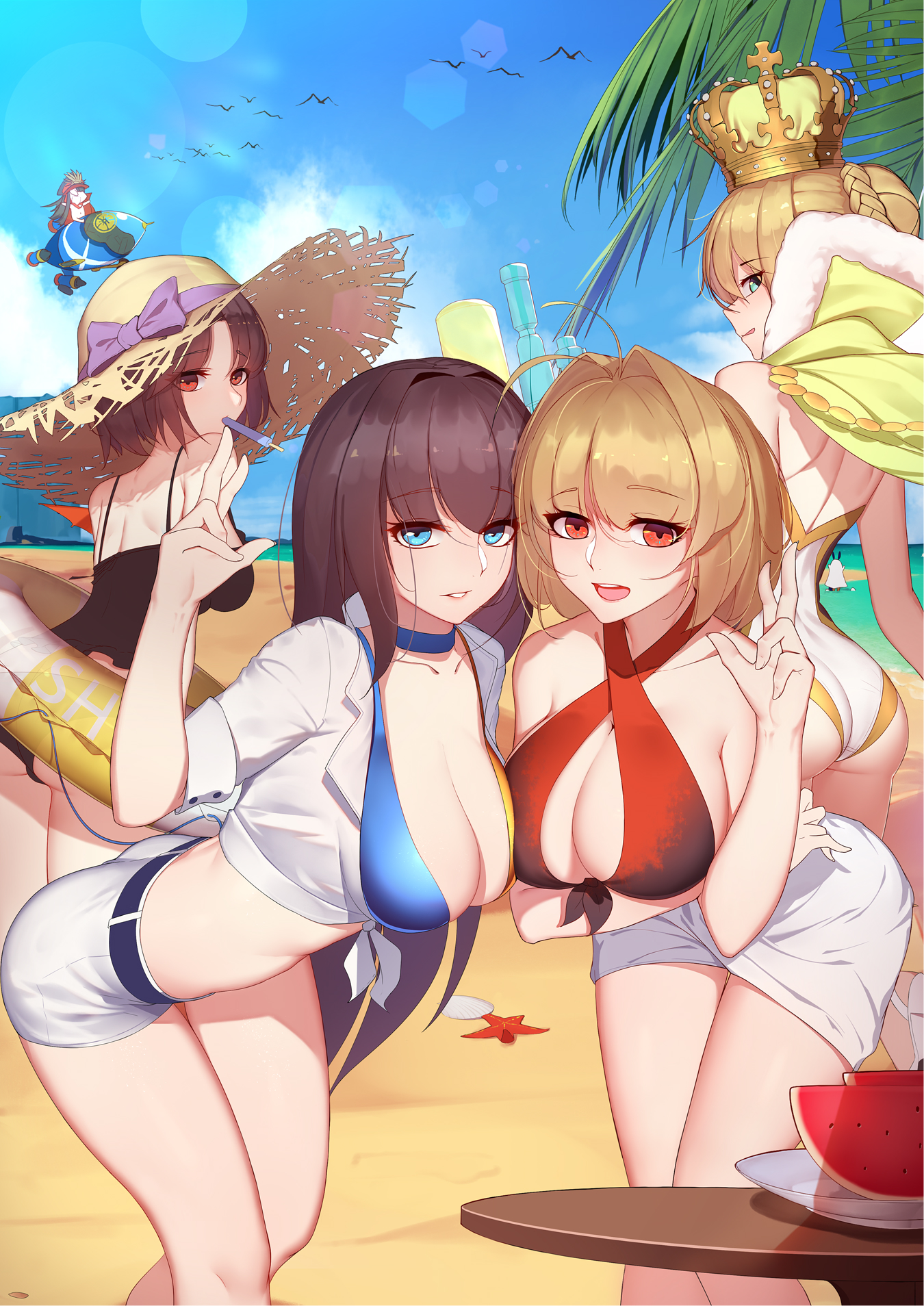 4girls, ahoge, aozaki aoko, arcueid brunestud, artoria pendragon, ass, beach, bent over, big breasts, bikini, black swimsuit, blonde hair, blue bikini, blue eyes, breasts, brown hair, bubble ass, bubble butt, cape, choker, cleavage, crown, detailed background, fate (series), female, female only, green eyes, hair bun, hair intakes, halterneck, hanging breasts, innertube, kara no kyoukai, leaning forward, long hair, looking at viewer, mahou tsukai no yoru, multiple females, multiple girls, oda nobunaga (fate), one-piece swimsuit, open mouth, open shirt, outside, popsicle, red bikini, red eyes, ryougi shiki, sarong, short hair, short shorts, shorts, smile, sun hat, swimsuit, tied shirt, tsukihime, type-moon, v, white swimsuit, wholesome