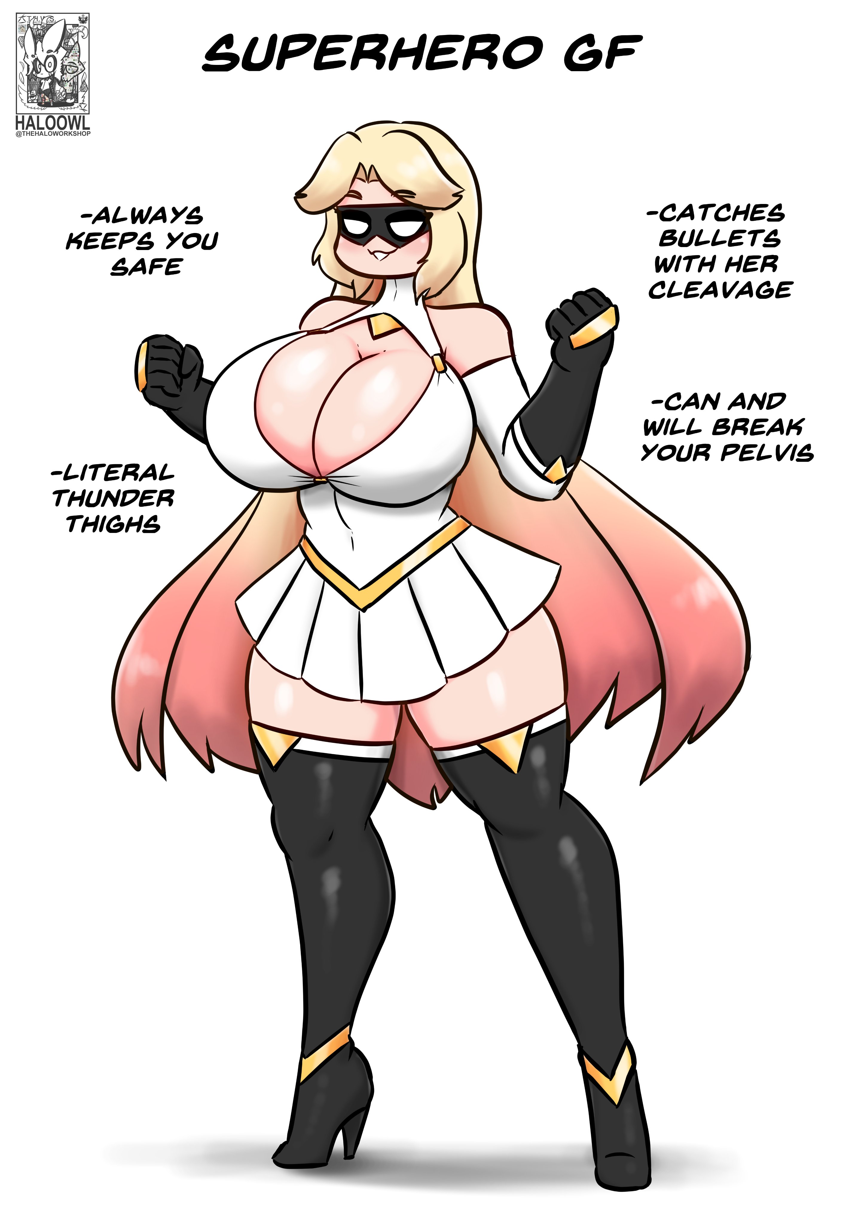 1girls, alternate version at source, alternate version available, artist logo, artist name, big breasts, black boots, black gloves, blonde hair, blush, boots, breasts, cleavage, clenched hands, elbow gloves, eyebrows visible through hair, female, female only, gloves, gradient hair, haloowl, high heel boots, high heels, huge breasts, ideal gf, large breasts, long hair, mask, multicolored hair, original, pink hair, smile, solo, solo female, standing, superheroine, tagme, text, thick thighs, thigh boots, thighhighs