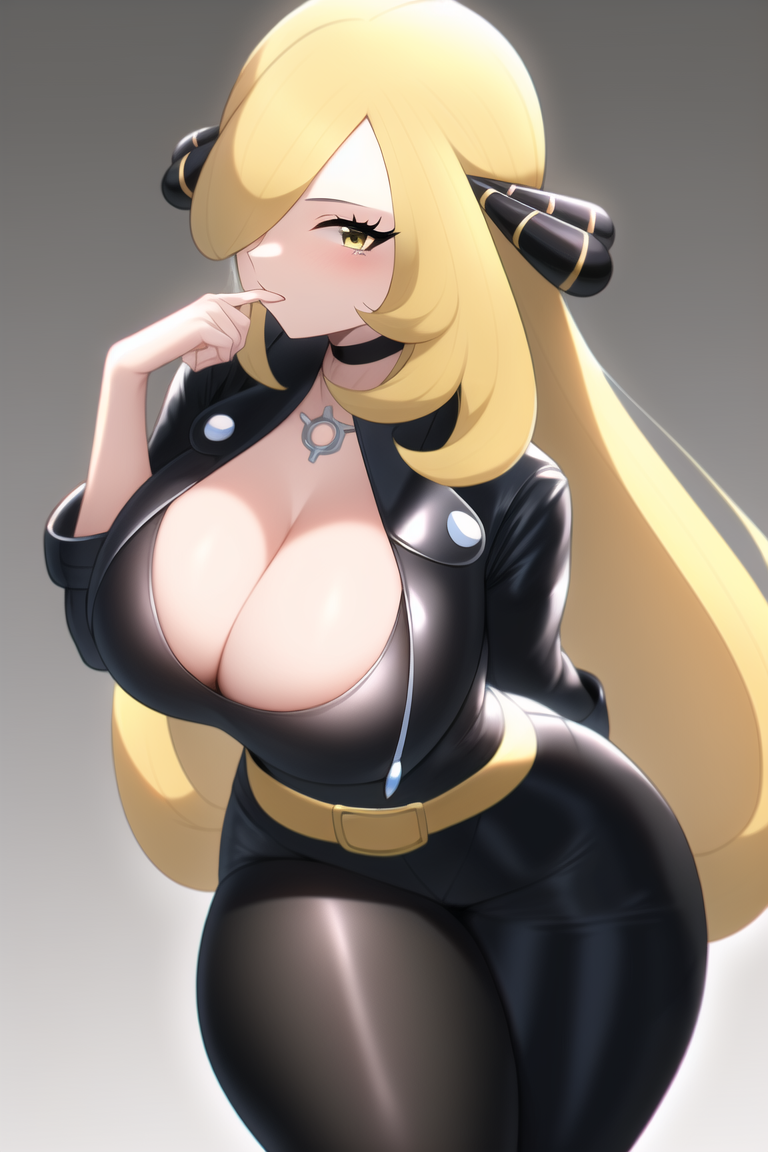 ai_generated black_leather blonde_hair cleavage cynthia_(pokemon) finger_in_mouth highres large_breasts leather leather_clothing leather_jacket long_hair nai_diffusion necklace pokemon rubycks shiny_clothes shiny_skin stable_diffusion thick_thighs yellow_eyes