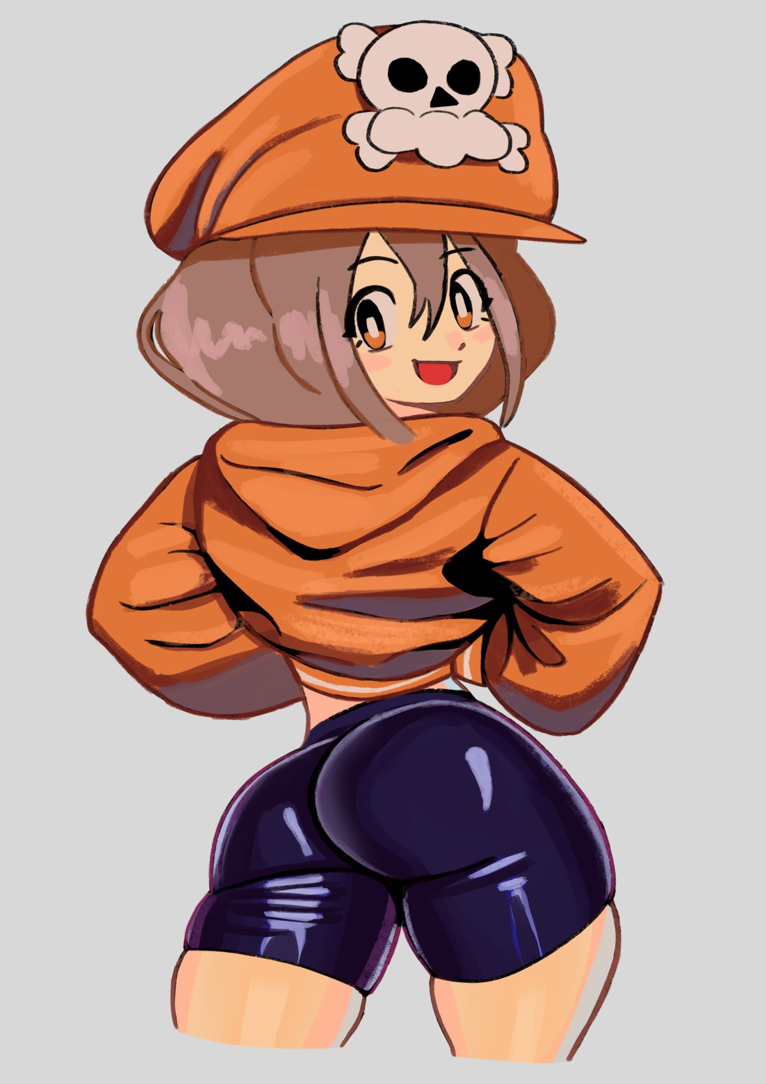 1girls, ass, brown hair, clothed, cute, female, female only, guilty gear, hat, looking at viewer, looking back, may (guilty gear), plain background, shorts, skin tight, smile, solo, xenoglitch