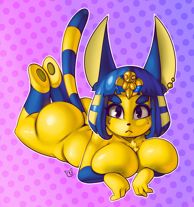 1girls 2018 :< animal_crossing ankha ankha_(animal_crossing) areola areolae ass big_ass big_breasts blue_eyebrows blue_hair breasts chest_tuft completely_naked completely_nude completely_nude_female earrings female female_only female_solo front_facing furry huge_breasts laying_down looking_at_viewer nintendo no_toes nude nude_female pink_background polka_dot_background purple_background striped_tail tail teckworks yellow_body yellow_skin