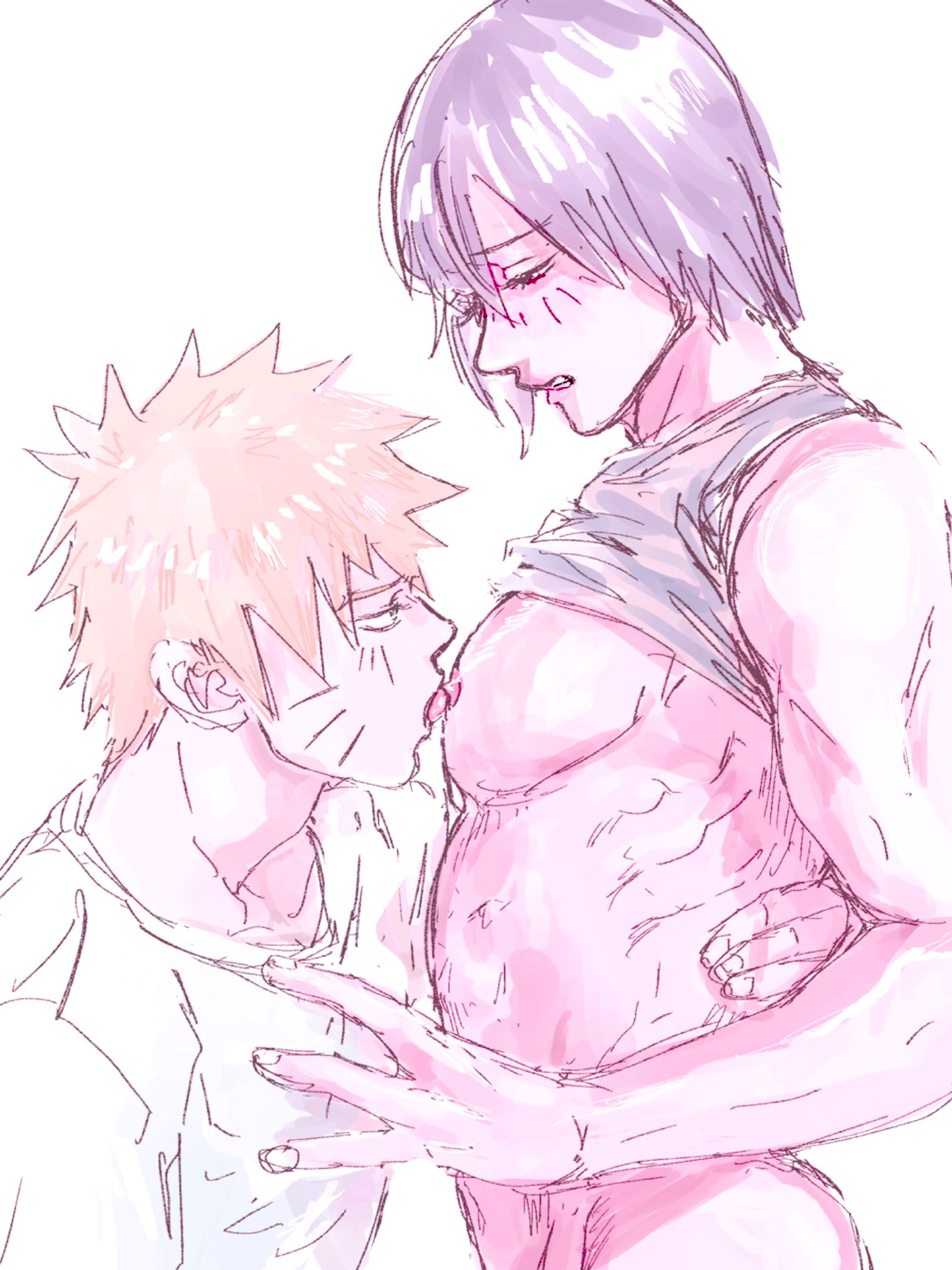 2boys, abs, ass, black hair, blonde hair, blush, clenched teeth, duo, duo focus, facial markings, gay, licking, licking nipples, light skin, light-skinned male, looking at partner, looking down, male, male only, male/male, narrowed eyes, naruto, naruto (series), naruto shippuden, naruto: the last, nipple suck, nipples, p3st e, pecs, sasuke uchiha, shirt lift, shirt up, shounen jump, sleeveless, sleeveless shirt, spiky hair, sucking male nipple, sucking nipples, tank top, tank top lift, tongue, tongue out, twink, uzumaki naruto, whisker markings, whiskers, yaoi, yellow hair