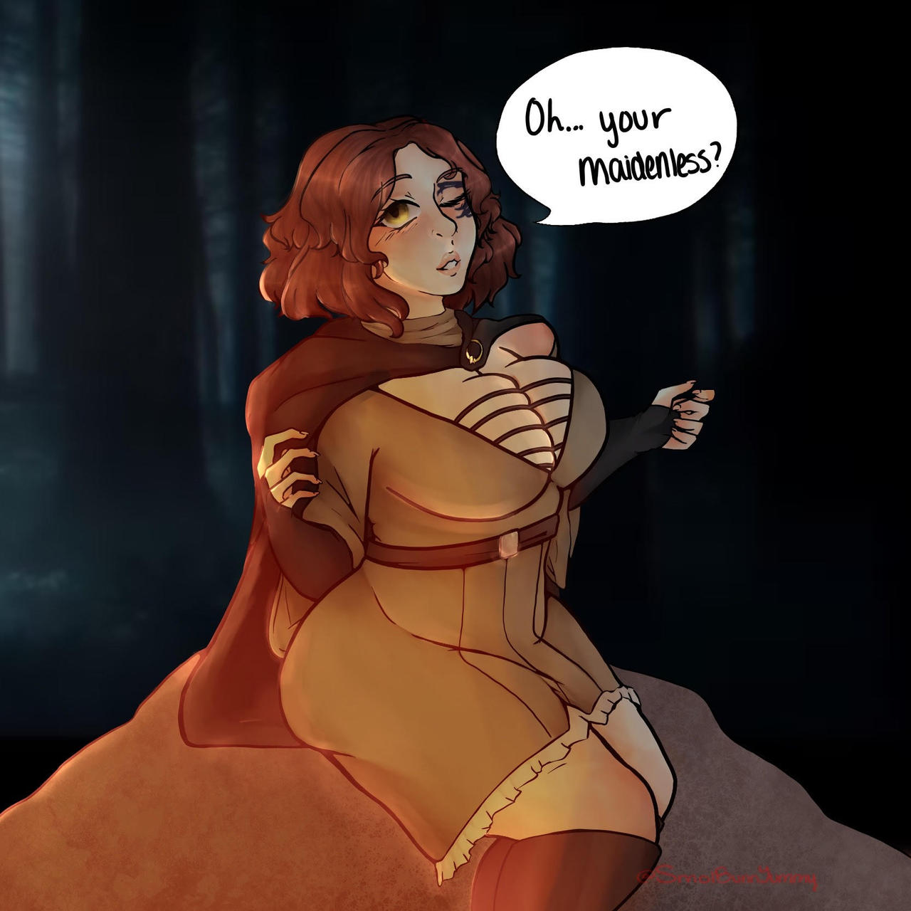 1girls, 2d, armwear, cleavage, clothing, elden ring, english text, female, female only, fromsoftware, human, legwear, light skin, light-skinned female, maidenless, melina (elden ring), no bitches? (meme), outerwear, pale skin, runes into strength, smolbunnyxoxo, text, tight clothing