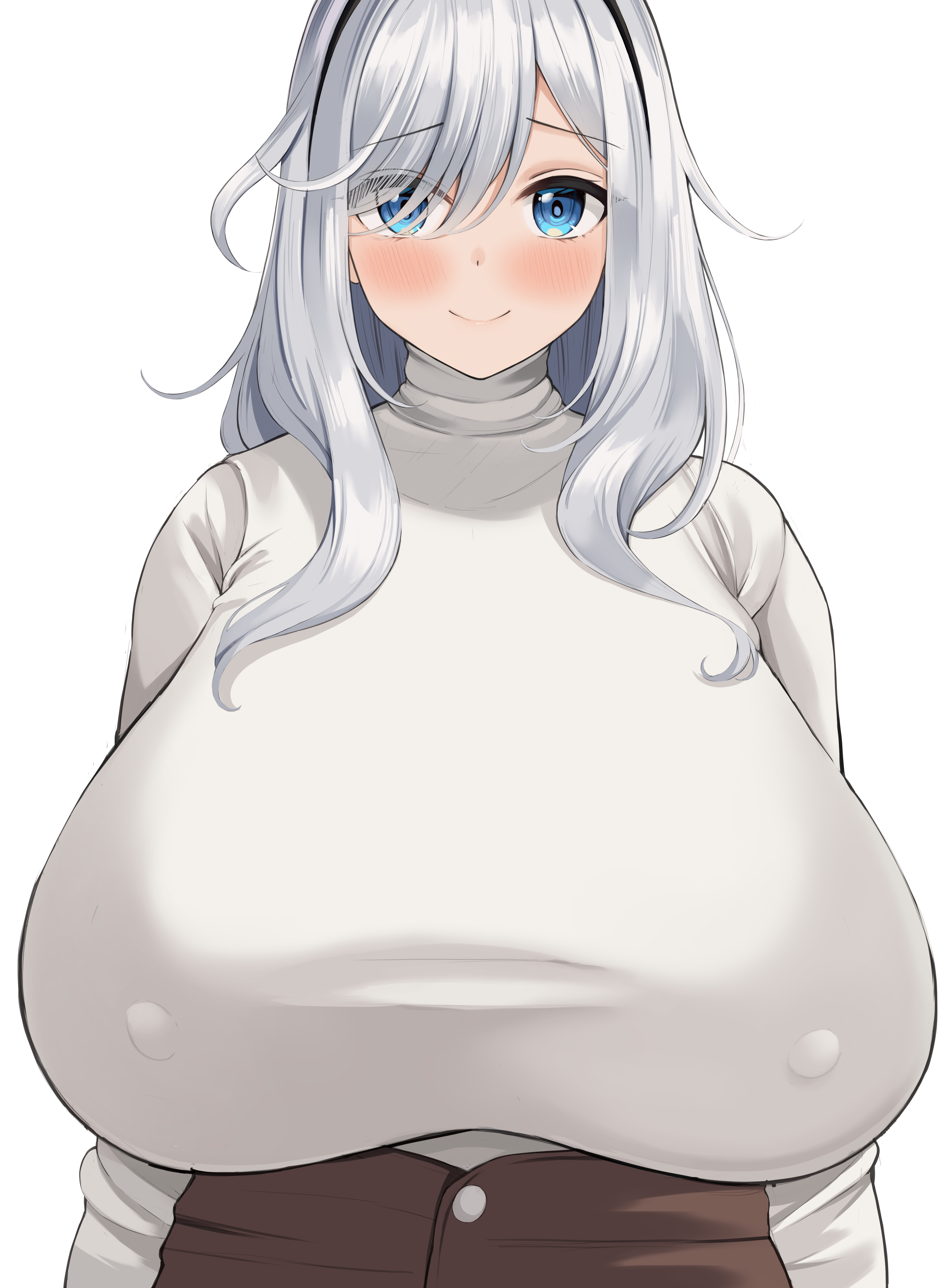 absurdres, big breasts, blue eyes, blush, breasts, covered nipples, female, fully clothed, hair over one eye, highres, huge breasts, long hair, neneneji, original, silver hair, simple background, smile, sweater, taut sweater, upper body, white background, white sweater