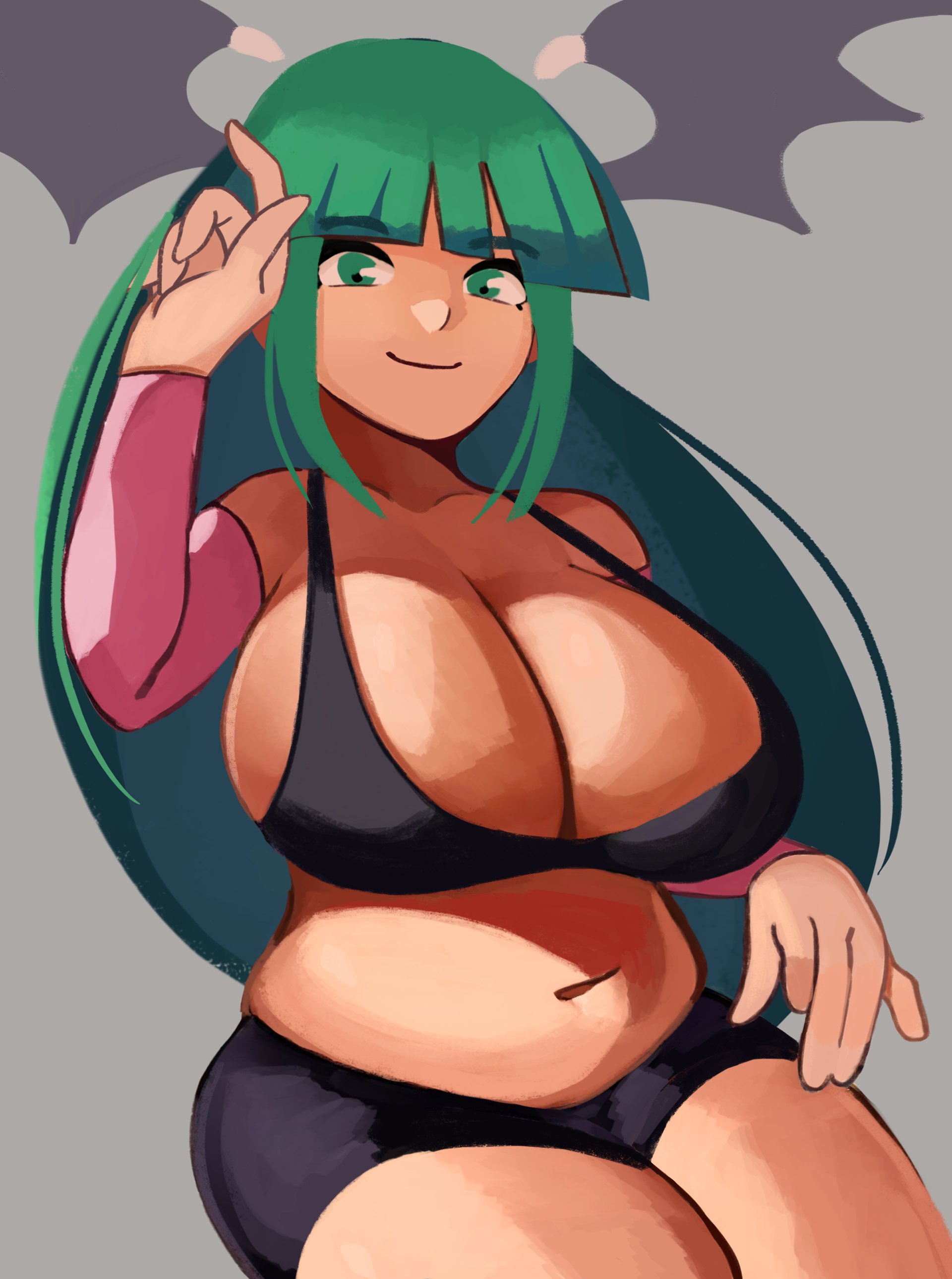 1girls, bra, breasts, chubby, cleavage, clothing, cute, darkstalkers, demon, female, female only, green eyes, green hair, head wings, hime cut, huge breasts, large breasts, long hair, looking at viewer, morrigan aensland, navel, plain background, shorts, sitting, smile, solo, sports bra, succubus, thick, thick thighs, xenoglitch