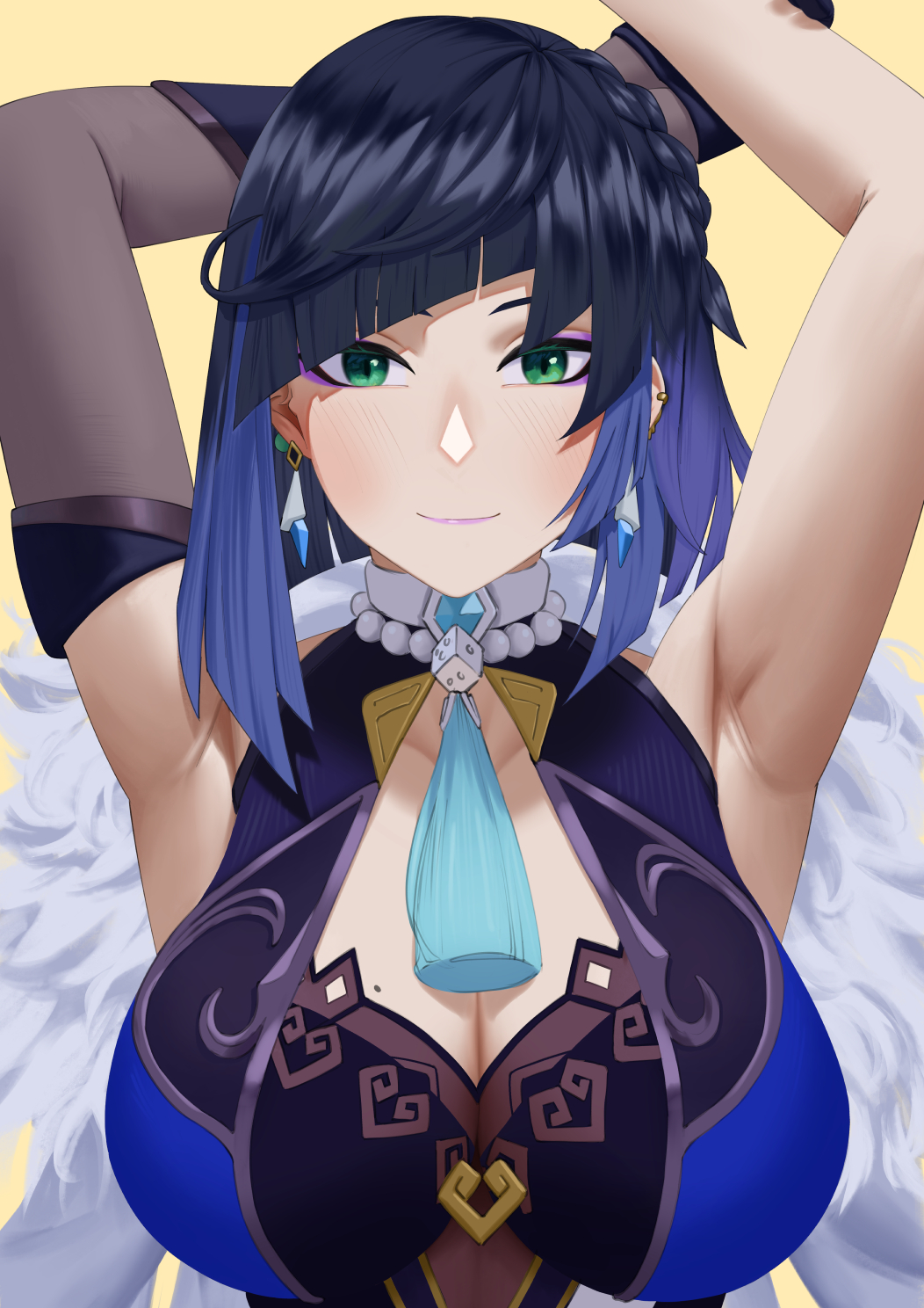 armpits, breasts, female, genshin impact, jornyhail, large breasts, lipstick, mole, yelan (genshin impact)