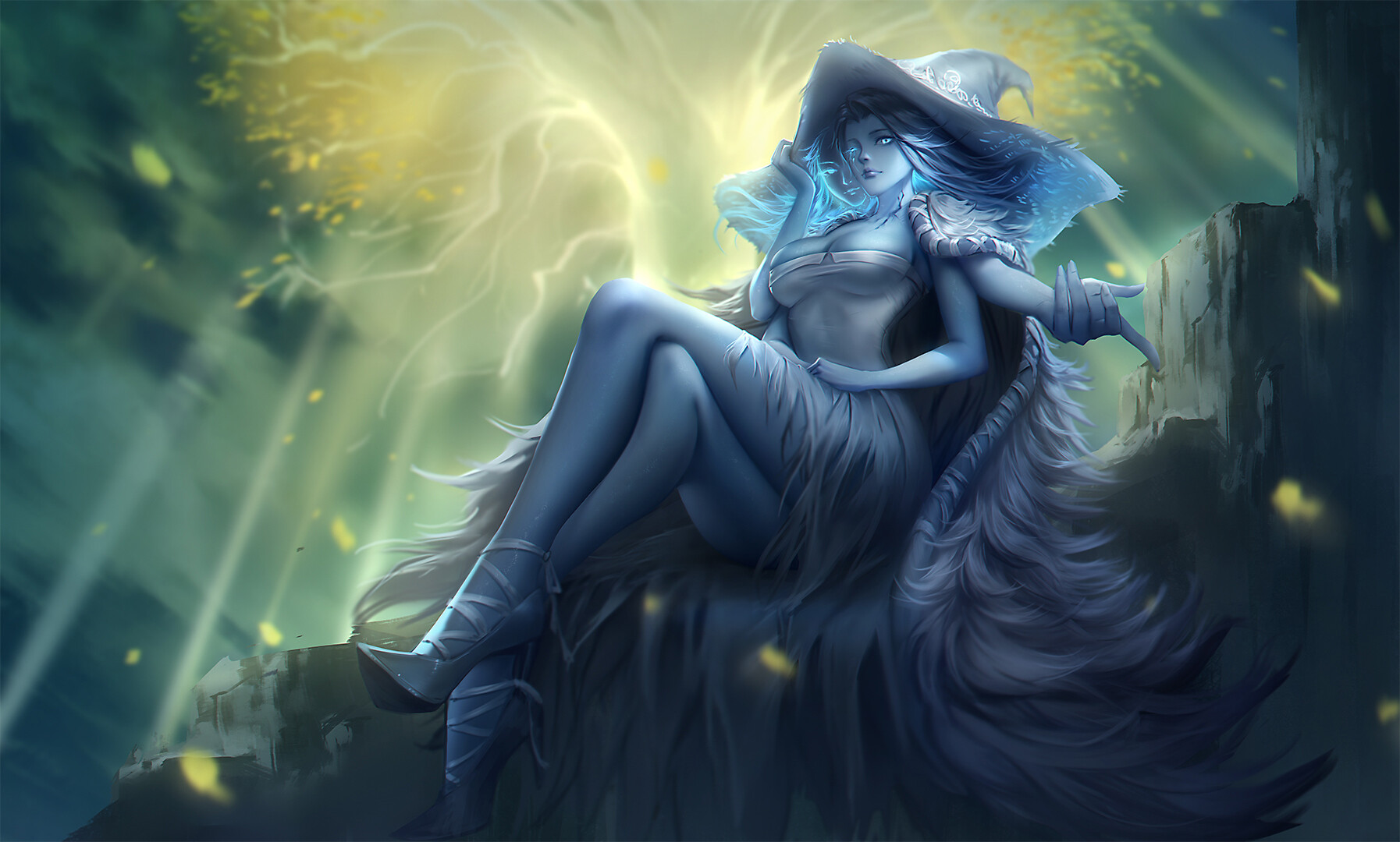 1girls, 2d, big breasts, blue skin, breasts, cleavage, elden ring, erdtree, female, female only, feng di, fromsoftware, legs, legs crossed, ranni the witch, sideboob, witch hat