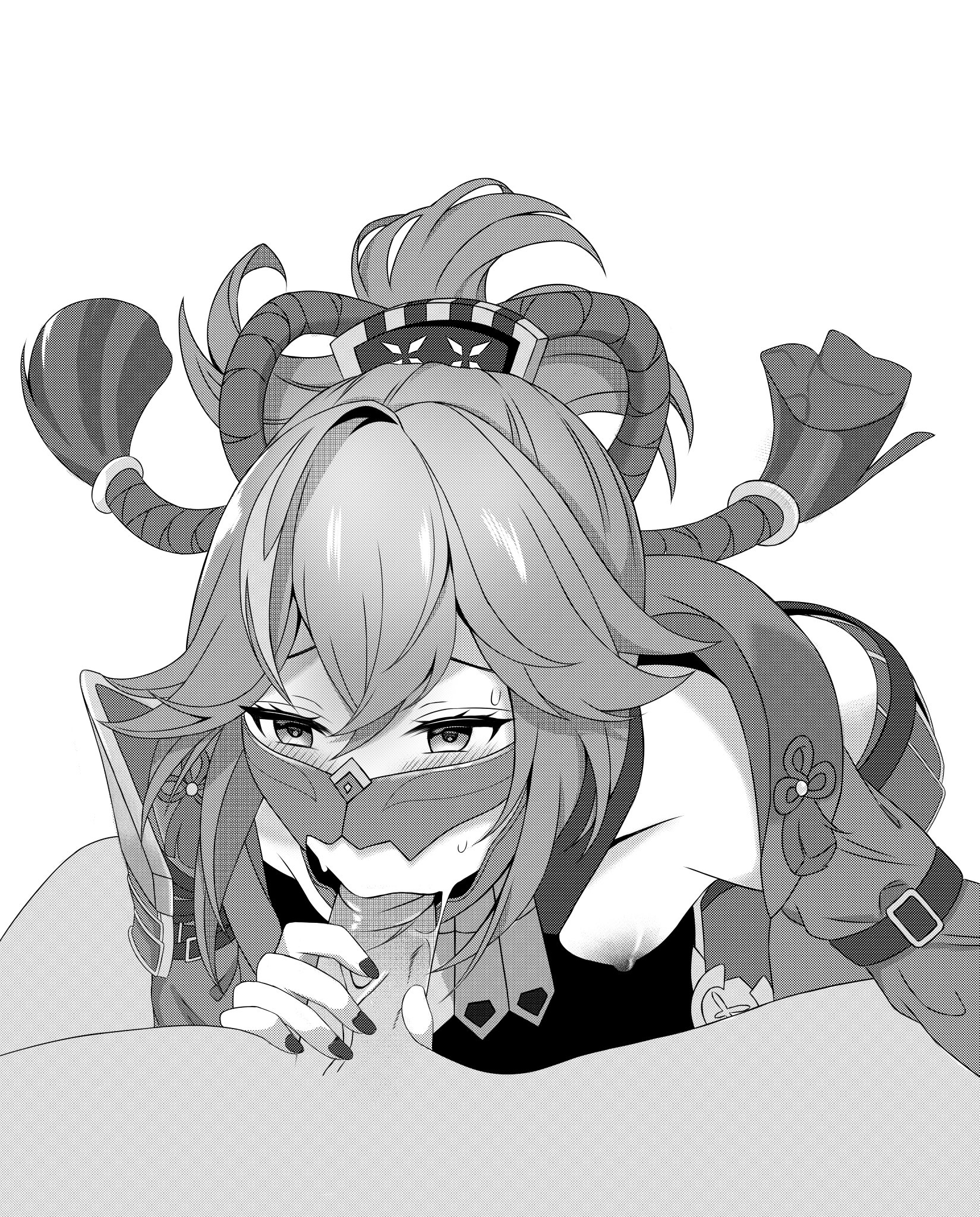 1boy, 1girls, black and white, blowjob, blowjob with facemask, breasts, breasts out, clothed, clothed female nude male, clothed sex, clothing, fellatio, fellatio under mask, female, female focus, genshin impact, greyscale, kuki shinobu, male, manga, mask, masked, masked female, medium breasts, nipples, nude, nude male, nude male clothed female, pattern clothing, penis, sex, stra (artist), sucking, sucking penis, sweat, sweatdrop, sweating, tagme, white background