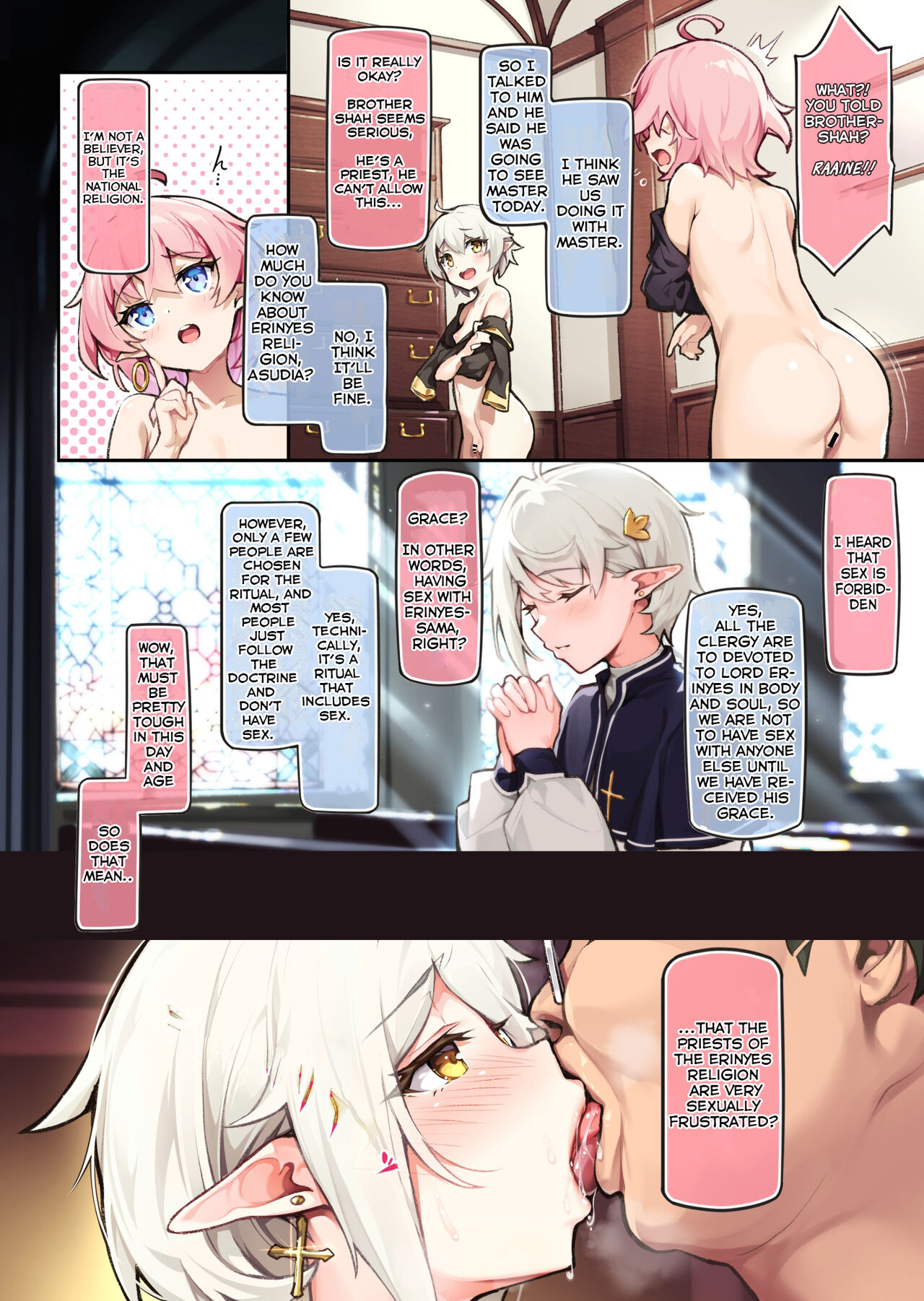 4boys, black hair, blue eyes, color, doujinshi, drooling, elf, english text, femboy, french kiss, kissing, male, male only, multiple boys, original, pink hair, priest, shuffle (songdatiankong), text, translated, ugly bastard, white hair, yaoi, yellow eyes