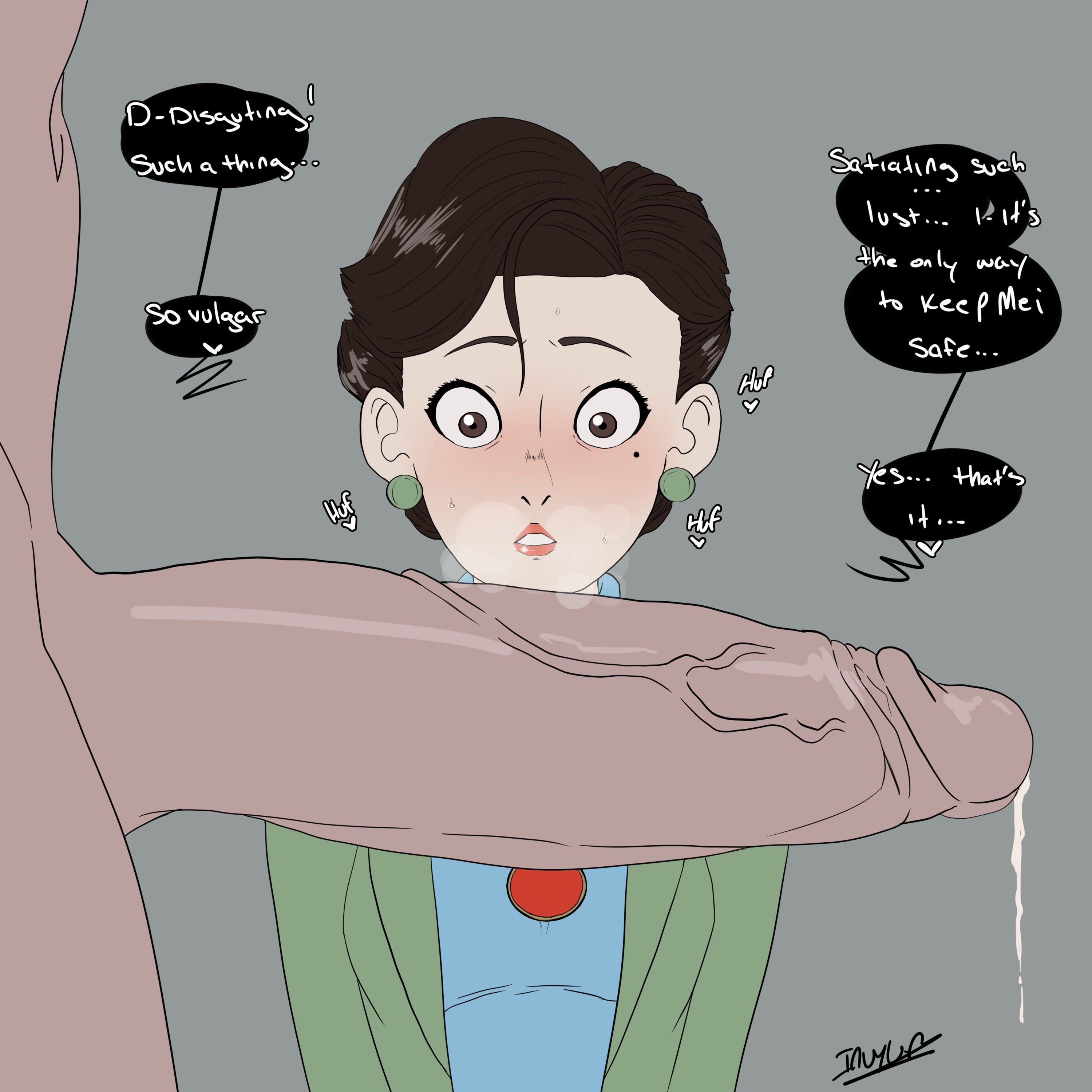 1boy, 1girls, 2d, big penis, black hair, blush, clothed female nude male, cock, dialogue, dick, disney, female, huge cock, inuyuru, looking at penis, male, milf, ming lee, mole, mole under eye, penis, penis awe, pixar, precum, text, turning red, uncensored, unseen male face, wide eyed