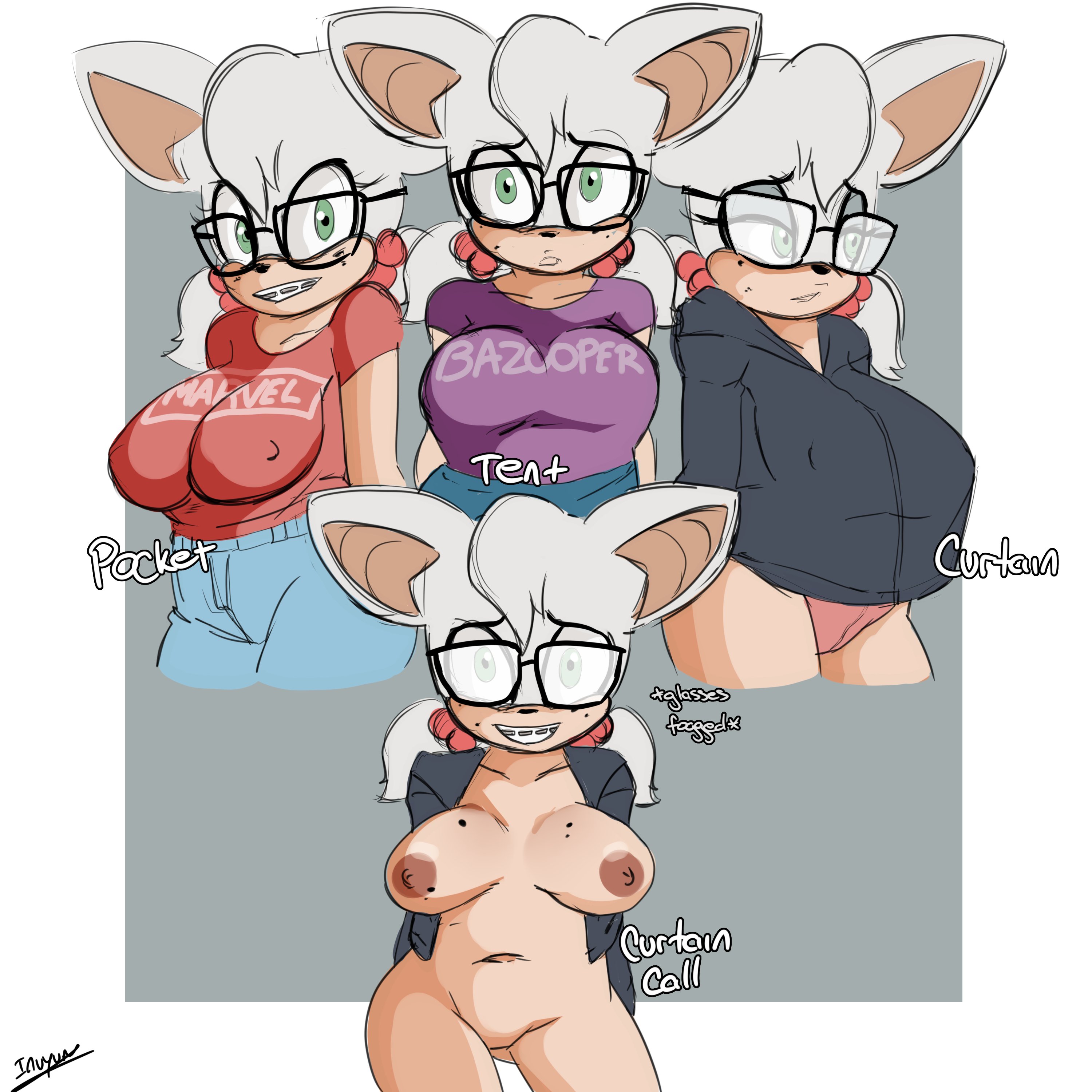 1girls, animal ears, anthro, bat, bat ears, braces, breasts, chiropteran, curtain call challenge, female, female focus, female only, furry, glasses, green eyes, grin, inuyuru, large breasts, meme, nerd, nerdy female, nude, pussy, rouge the bat, sega, smile, sonic (series), text, white hair