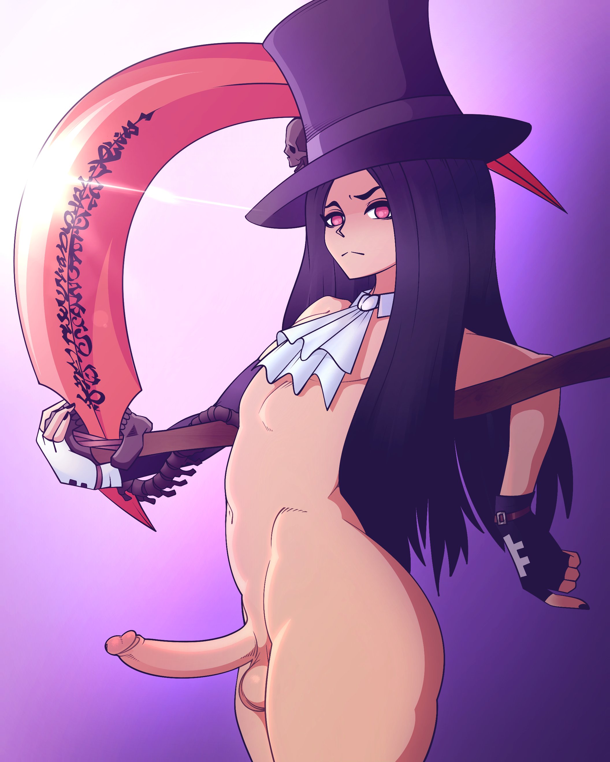 1boy, 1femboy, arc system works, black hair, bro aniki, femboy, feminine male, girly, guilty gear, guilty gear strive, long hair, male, male with painted nails, otoko no ko, scythe, solo, testament (guilty gear), top hat, trap