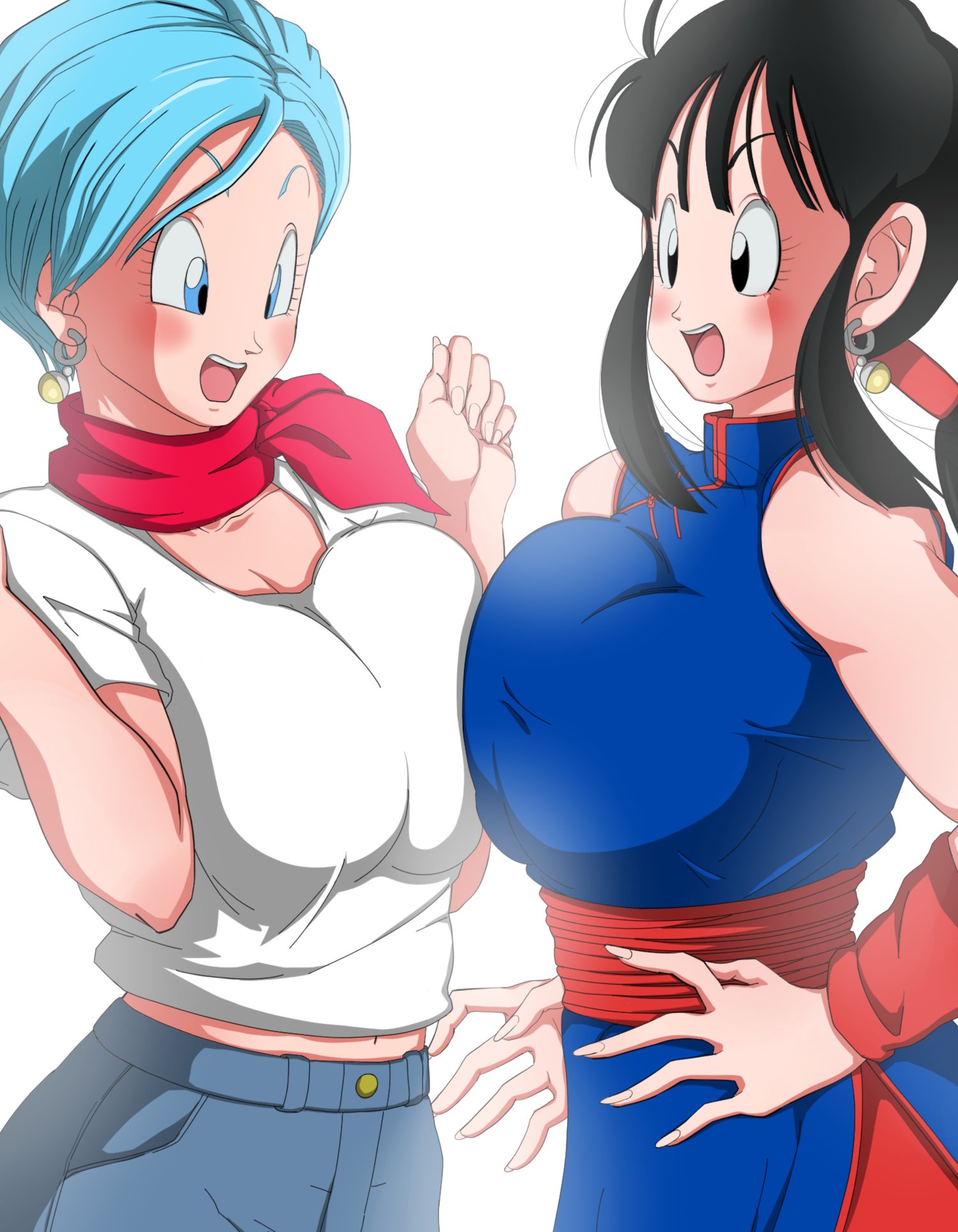 2girls, bangs, black eyes, black hair, blue eyes, blue hair, blush, breast press, breast squeeze, breasts, breasts to breasts, bulma briefs, chichi, cleavage, clothing, dragon ball, dragon ball (classic), dragon ball super, dragon ball z, earrings, female, fusion, hazama null, jeans, large breasts, midriff, milf, multiple females, multiple girls, open mouth, ponytail, potara earrings, short hair, teenage female, teenager, time paradox, tongue