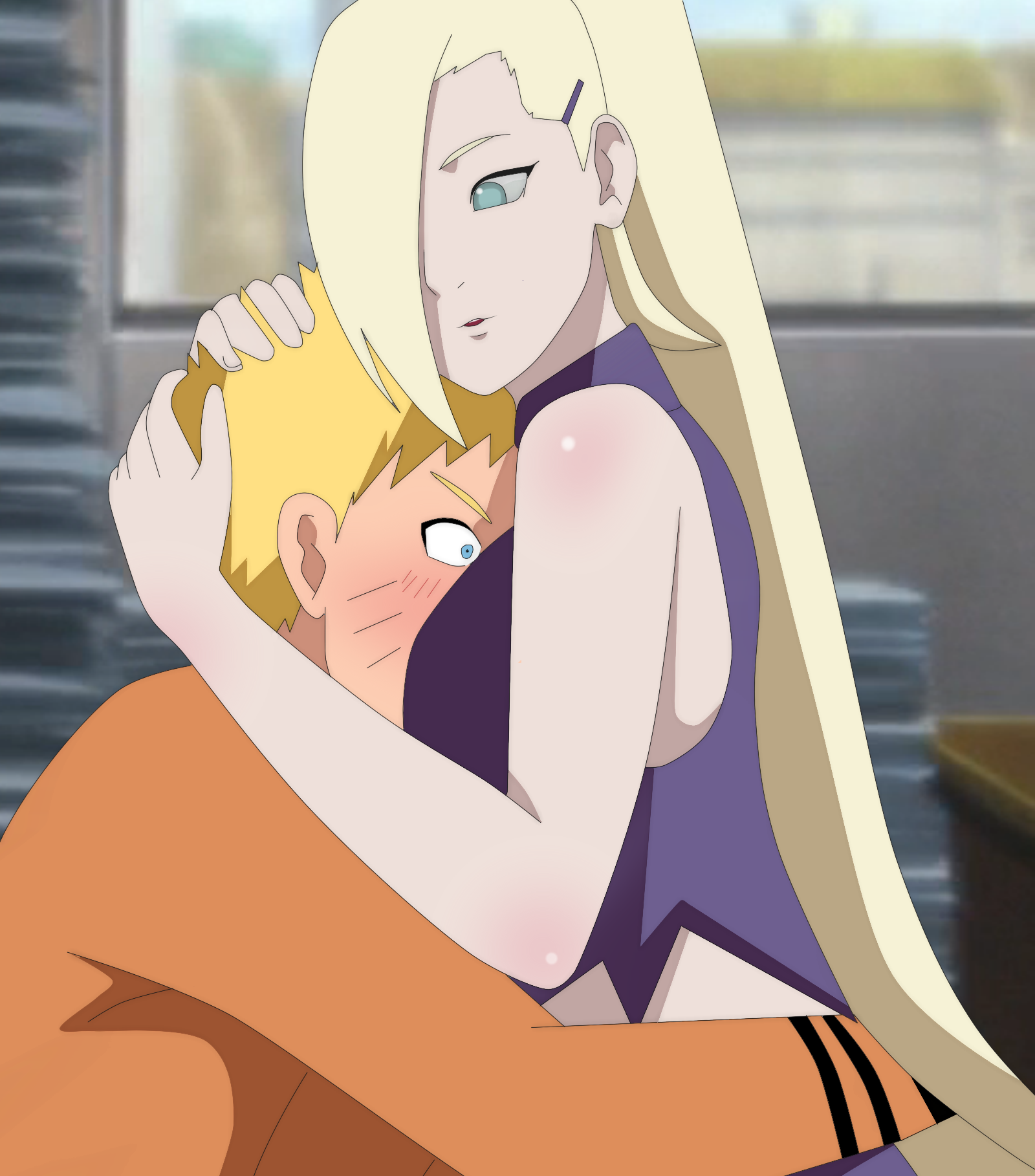 1boy, 1girls, agung911, assertive, assertive female, before sex, blonde hair, blue eyes, blush, boruto: naruto next generations, breast press, breasts, crop top, embrace, embracing, face between breasts, female, hokage office, hug, hugging, imminent sex, indoors, ino yamanaka, jacket, long hair, male, naruto, naruto (series), seducing, skirt, smile, surprised, uzumaki naruto, very long hair, yellow hair
