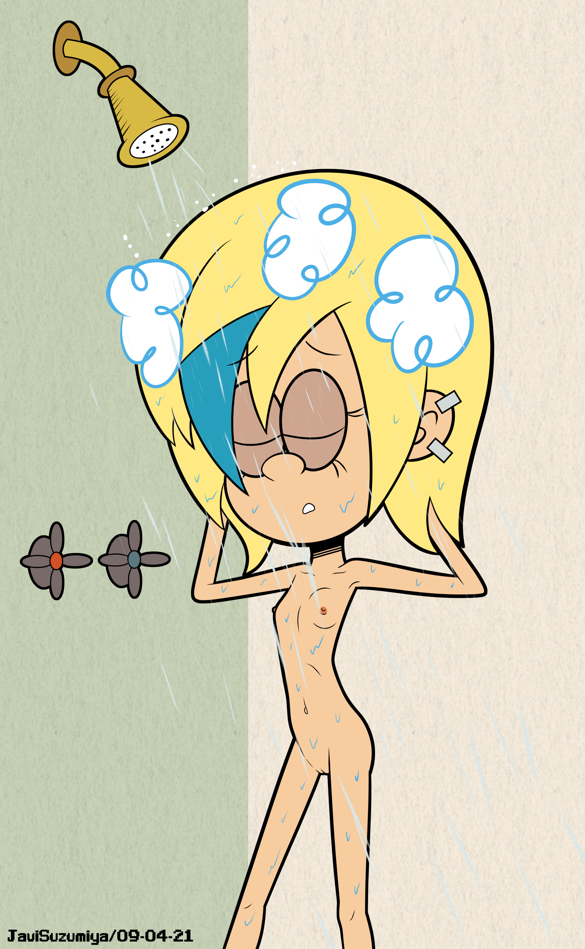 1girls, 2021, 2d, absurd res, areolae, artist name, bathroom, blonde hair, breasts, closed eyes, completely nude, dated, dyed hair, eyelashes, feet out of frame, female, female human, female only, front view, human only, javisuzumiya, light skin, light-skinned female, medium hair, navel, nickelodeon, nipples, nude, nude female, pussy, sam sharp, shower, shower head, showering, skinny, small breasts, solo, solo female, steam clouds, teenage female, teenager, the loud house, two-tone hair, wet, young