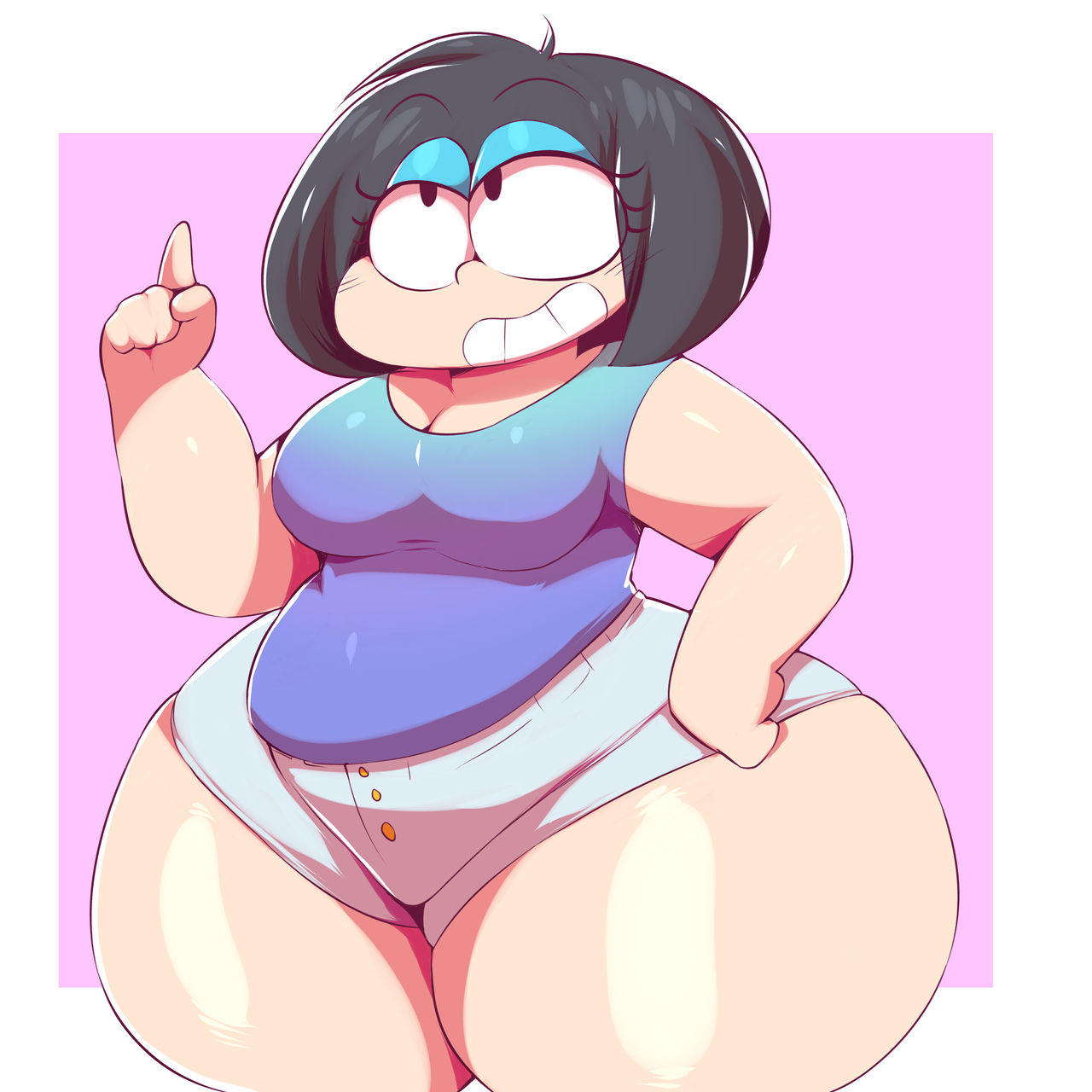 1girls, 2018, aunt (trinity-fate62), bean smile, big breasts, big thighs, black hair, blue eyeshadow, breasts, clothed, clothing, curvaceous, curvy, eyeshadow, female, female focus, hips, huge thighs, large thighs, short hair, shorts, solo, solo female, solo focus, thick thighs, thighs, trinity-fate62, voluptuous, wide hips