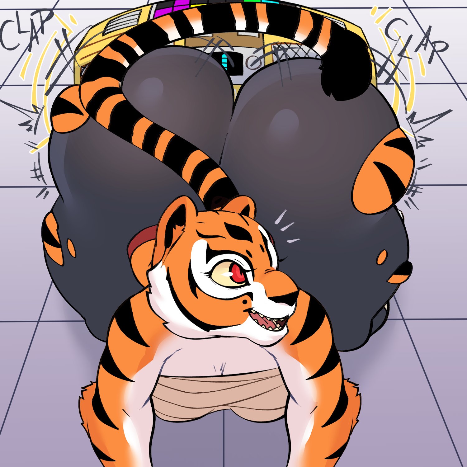 anthro, ass, ass clapping, ass expansion, ass shake, big ass, big butt, black nose, body control, bottom heavy, bubble ass, bubble butt, butt expansion, butt shake, chest wraps, clapping cheeks, dreamworks, fat ass, fat butt, feline, feline humanoid, female, female only, furry, gold boombox (prevence), huge ass, huge butt, kung fu panda, large ass, large butt, looking at viewer, master tigress, motion lines, nericurls, orange fur, red eyes, ripped pants, sarashi, shaking ass, shaking butt, striped tail, stripes, thick ass, thick thighs, tiger stripes, tight pants, twerk hypnosis, twerking, two-tone fur, white fur, wide hips