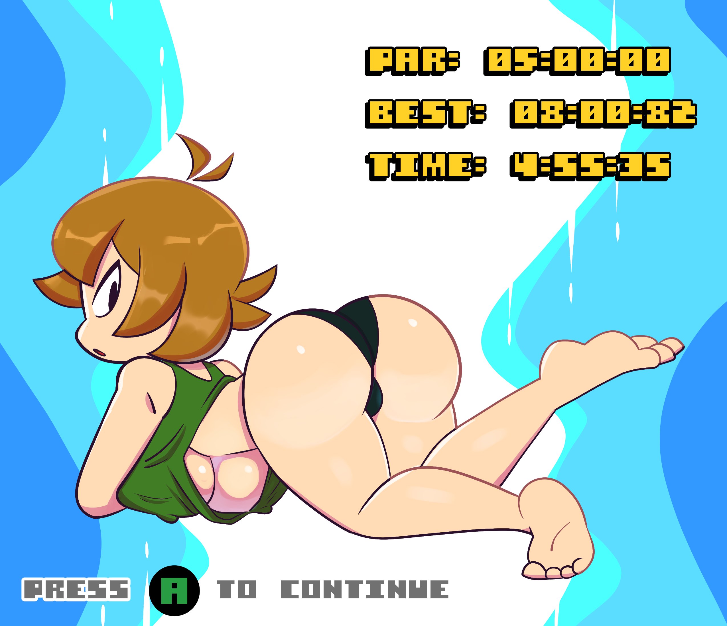 1girls, ass, breasts, female, game cg, looking back, mighty switch force, monamania, orange hair, panties, patricia wagon, sweetdandy, text, underboob, underwear, wayforward