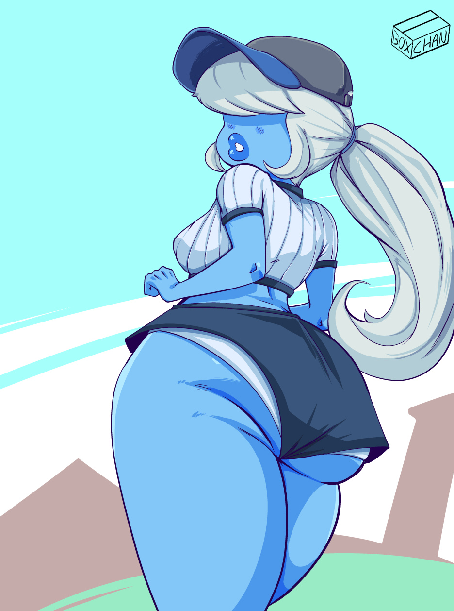 1girls, alternate version available, ass, baseball cap, baseball uniform, big ass, big lips, blue body, blue lipstick, blue skin, booty shorts, box chan, breasts, bubble ass, bubble butt, cap, cartoon network, clothing, female, gem (species), jean shorts, lips, lipstick, long hair, ponytail, sapphire (steven universe), shorts, sideboob, solo, solo female, solo focus, standing, steven universe, thick ass, thick lips, thick thighs, thighs, white hair, wide hips
