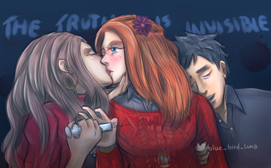 1boy 2girls black_hair blue_bird_luna blush brown_hair clothed clothing diana_(zero_escape) freckles kissing mira_(zero_escape) orange_hair sigma_klim syringe tears yuri zero_escape zero_time_dilemma