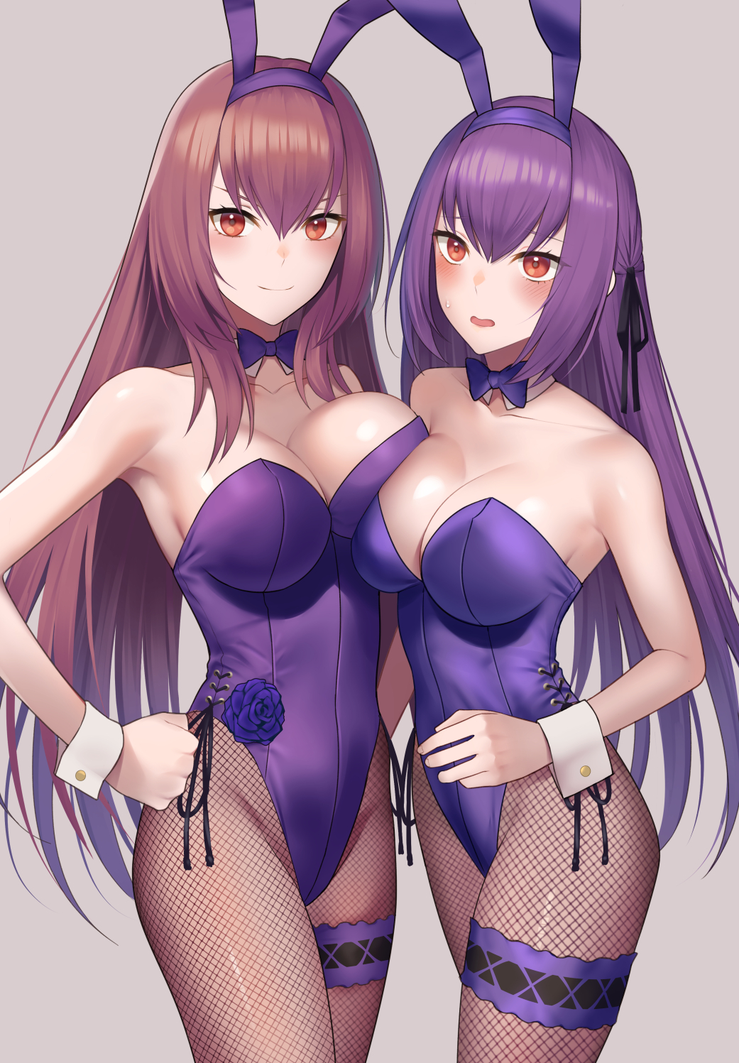 2girls, alternate costume, big breasts, blush, bowtie, breast press, breast squish, breasts, brown hair, bunny ears, bunny girl, bunnysuit, cleavage, detached collar, dual persona, fate (series), fate/grand order, female, female only, fishnets, garter, hair intakes, hair ribbon, hand on hip, highleg leotard, long hair, looking at viewer, mahou tsukai no yoru, purple hair, red eyes, scathach (fate), scathach (fate) (cosplay), scathach (piercing bunny), smile, sweatdrop, tsuchifumazu, tsukihime, type-moon, wrist cuffs