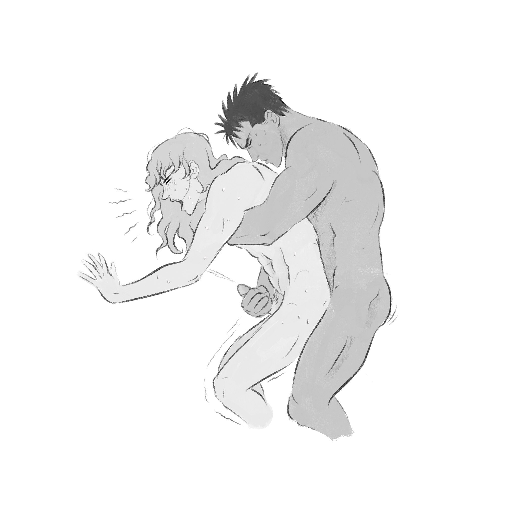 2boys, anal sex, berserk, bishonen, ejaculation, ejaculation while penetrated, erection, gay, griffith, guts (berserk), handjob while penetrating, long hair, long-haired male, lophilia spicy, male, male only, monochrome, muscular, muscular male, nude, nude male, penis, pleasure face, sweat, twunk, white hair, yaoi
