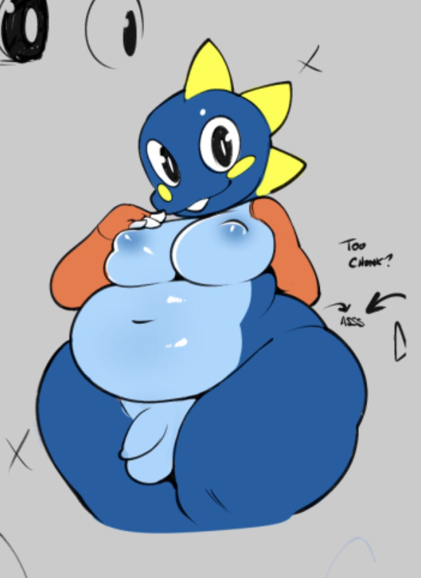 anthro balls blue_body blush blush_stickers bob_(bubble_bobble) bubble_bobble bubble_dragon flaccid foreskin genitals looking_at_viewer male moobs nipples nude overweight penis scalie slightly_chubby smile solo spikes sqoon sssonic2 taito thick_thighs video_games wide_hips