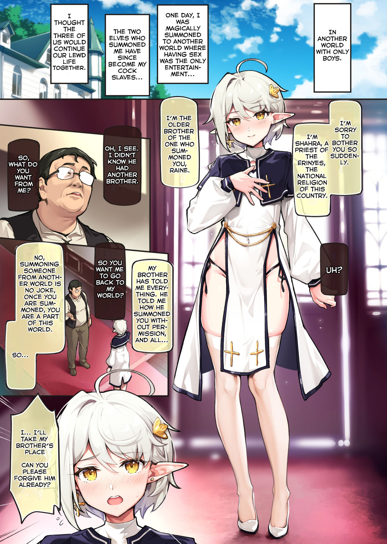2boys, black hair, color, doujinshi, elf, english text, femboy, glasses, male, original, priest, shuffle (songdatiankong), text, translated, ugly bastard, white hair, yaoi, yellow eyes