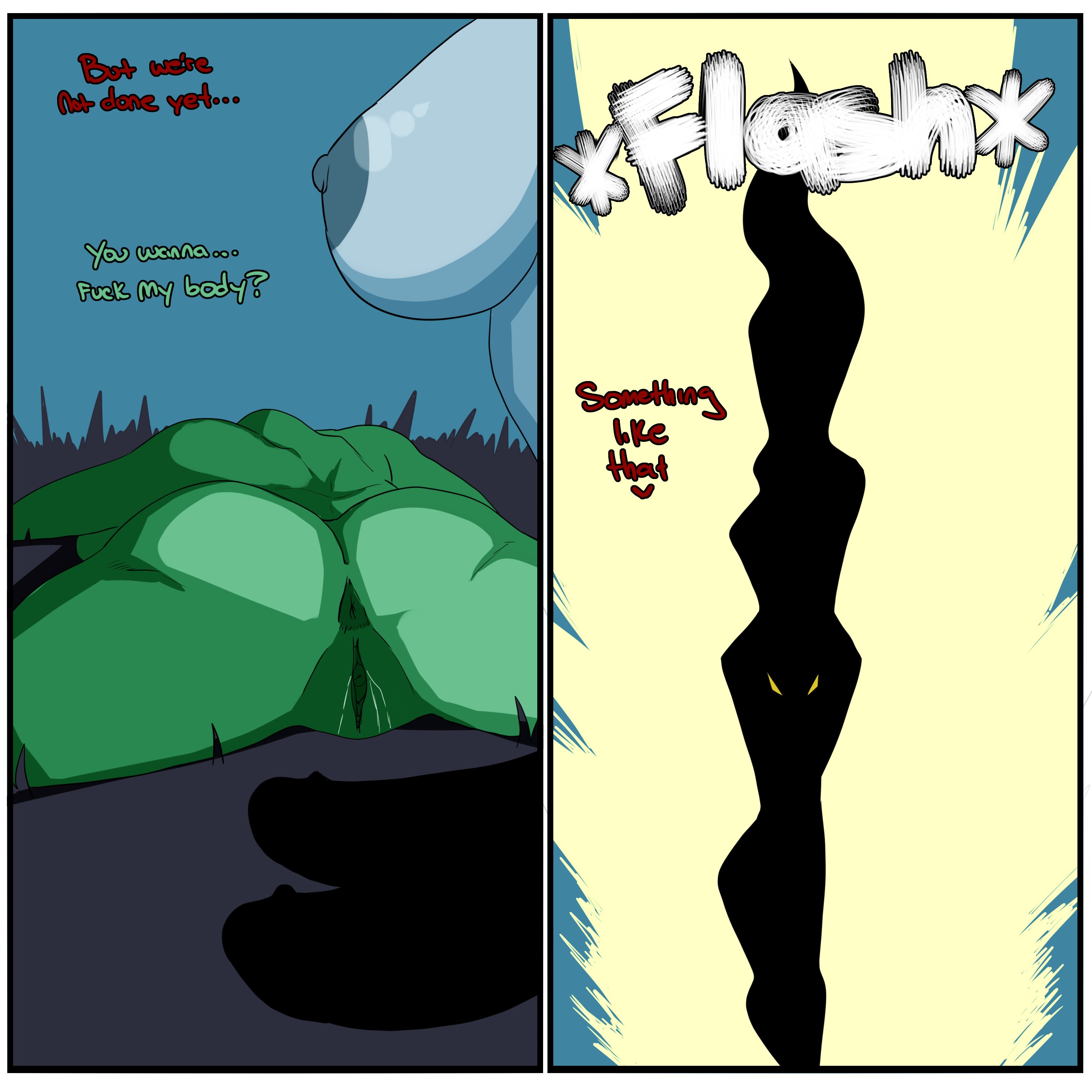 1futa, 1girls, anus, ass, big breasts, big penis, breasts, comic, dialogue, diphallia, diphallism, dullahan, duo, erection, female, futa on female, futanari, green hair, green skin, humanoid, humanoid penis, imminent rape, intersex, inuyuru, multi genitalia, multi penis, nega-shantae, nude, on stomach, penis, pointy ears, pussy, rottytops, shantae, shantae (character), short hair, smooth skin, text, undead, wayforward, zombie, zombie girl