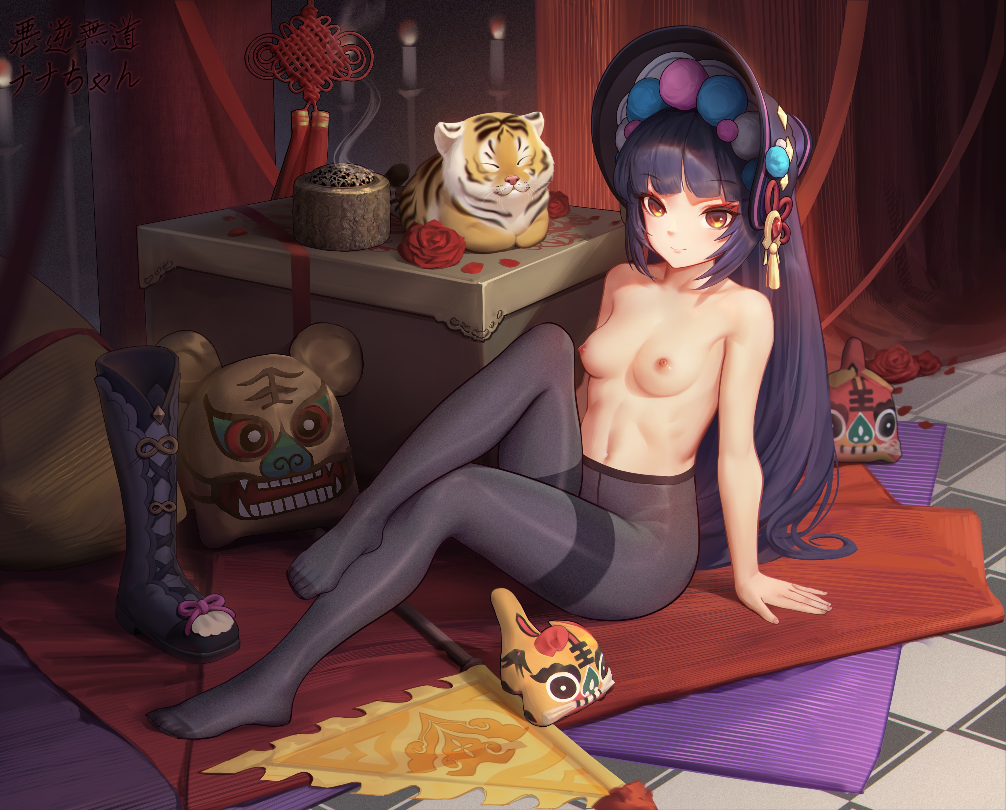 1girls, areolae, bare shoulders, breasts, carpet, eyelashes, female, female only, genshin impact, hat, highres, legwear, legwear only, long hair, looking at viewer, naked, navel, niliu chahui, nipples, nude, on floor, pantyhose, purple hair, sitting, small breasts, smile, solo, yellow eyes, yun jin (genshin impact)