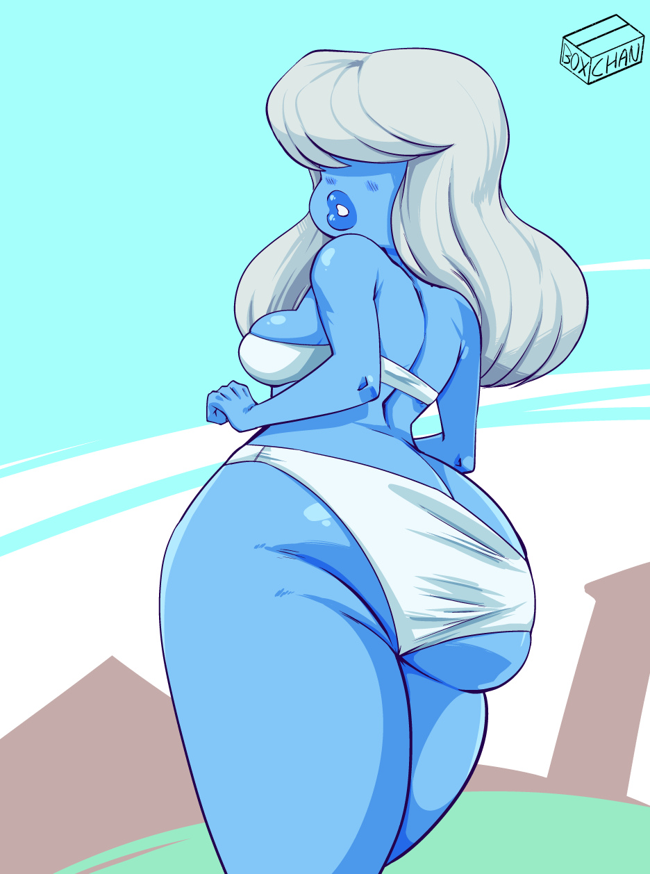 1girls, alternate version available, ass, big ass, big lips, blue body, blue lipstick, blue skin, blush, box chan, bra, breasts, cartoon network, female, gem (species), hair over eyes, lips, lipstick, long hair, panties, sapphire (steven universe), sideboob, solo, solo focus, standing, steven universe, thick ass, thick lips, thick thighs, thighs, underwear, white hair, wide hips
