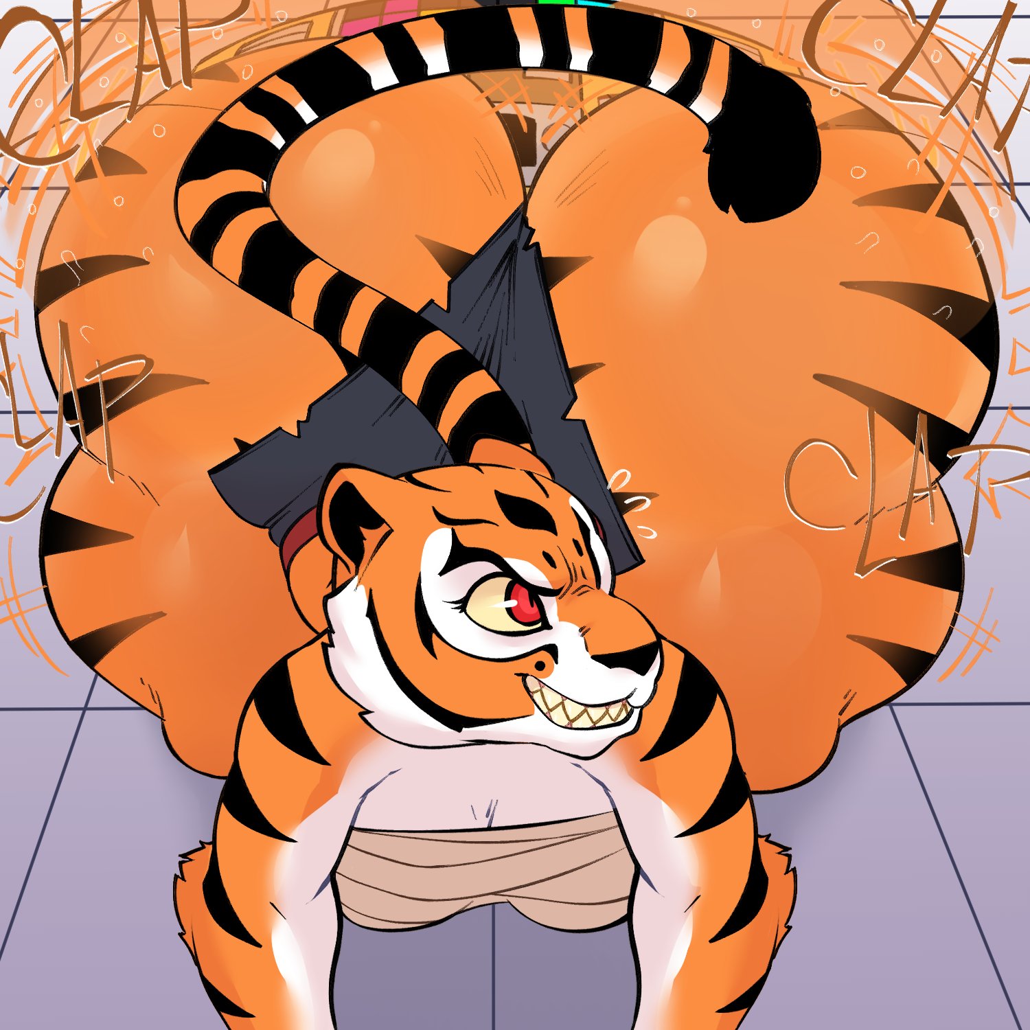 anthro, ass, ass clapping, ass expansion, ass shake, big ass, big butt, black nose, body control, bottom heavy, bubble ass, bubble butt, butt expansion, butt shake, chest wraps, clapping cheeks, dreamworks, fangs, fat ass, fat butt, feline, feline humanoid, female, female only, gold boombox (prevence), huge ass, huge butt, kung fu panda, large ass, large butt, looking at viewer, massive ass, massive butt, master tigress, mole under eye, motion lines, nericurls, orange fur, red eyes, ripped pants, shaking ass, shaking butt, striped tail, stripes, sweat, sweaty ass, sweaty butt, thick ass, thick thighs, tiger stripes, tight pants, twerk hypnosis, twerking, two-tone fur, white fur, wide hips