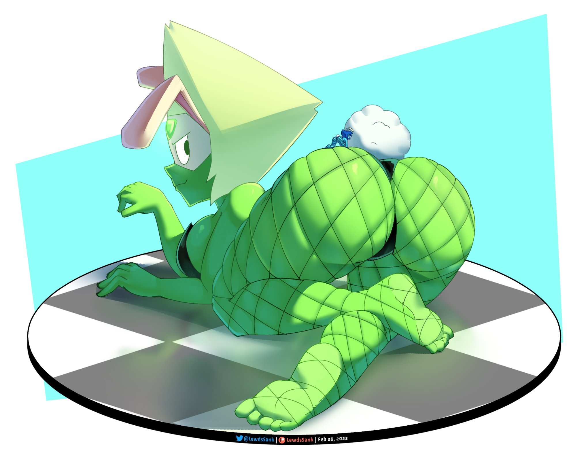 2girls, ass, big ass, big breasts, big butt, breasts, bunny ears, bunny tail, bunnysuit, cartoon network, feet, female, female only, fishnet pantyhose, gem (species), green skin, highlighted soles, huge ass, lapis lazuli (steven universe), lewdssonk, looking back, peridot (steven universe), steven universe, thick thighs, visor, yellow hair